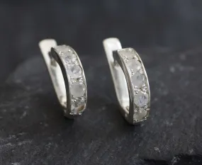 Half Hoop Moonstone Earrings - Natural Rainbow Moonstone, White Huggies
