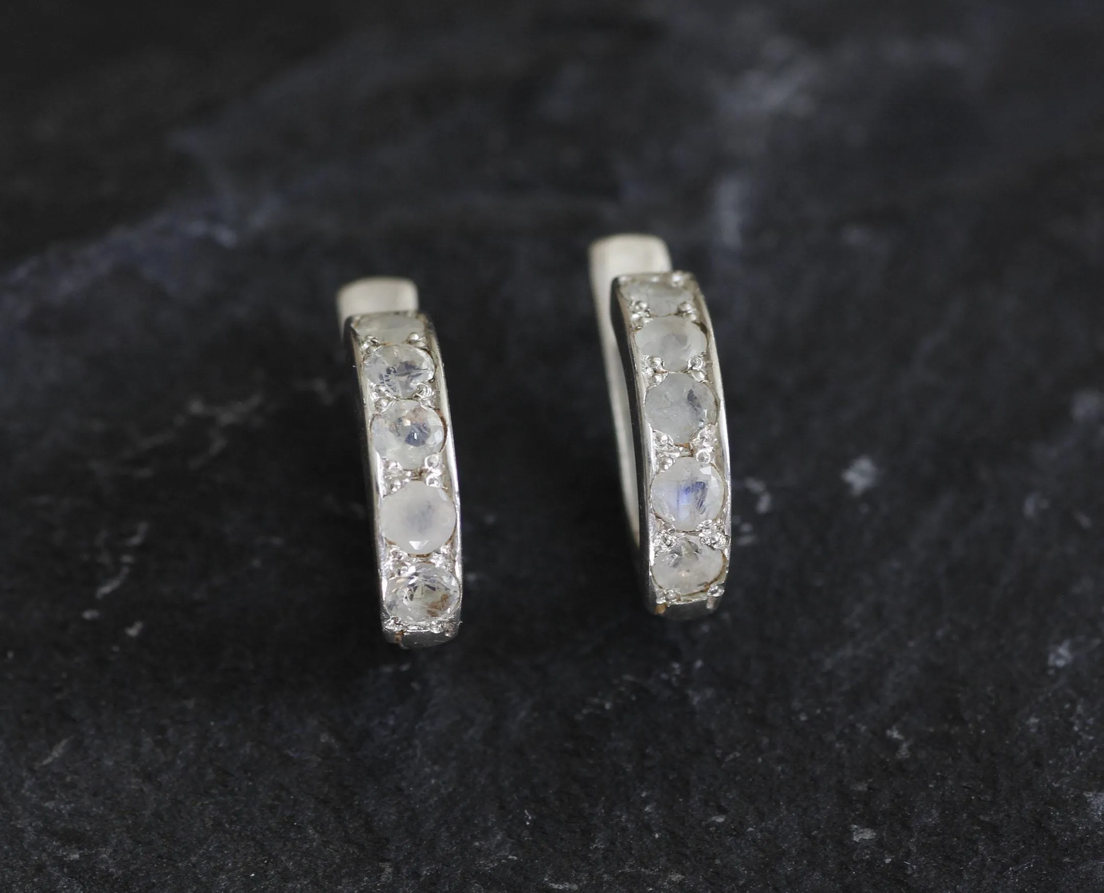 Half Hoop Moonstone Earrings - Natural Rainbow Moonstone, White Huggies