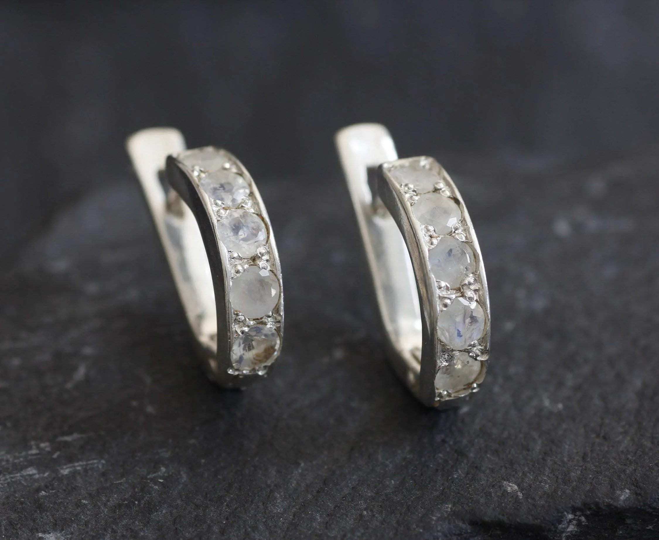Half Hoop Moonstone Earrings - Natural Rainbow Moonstone, White Huggies