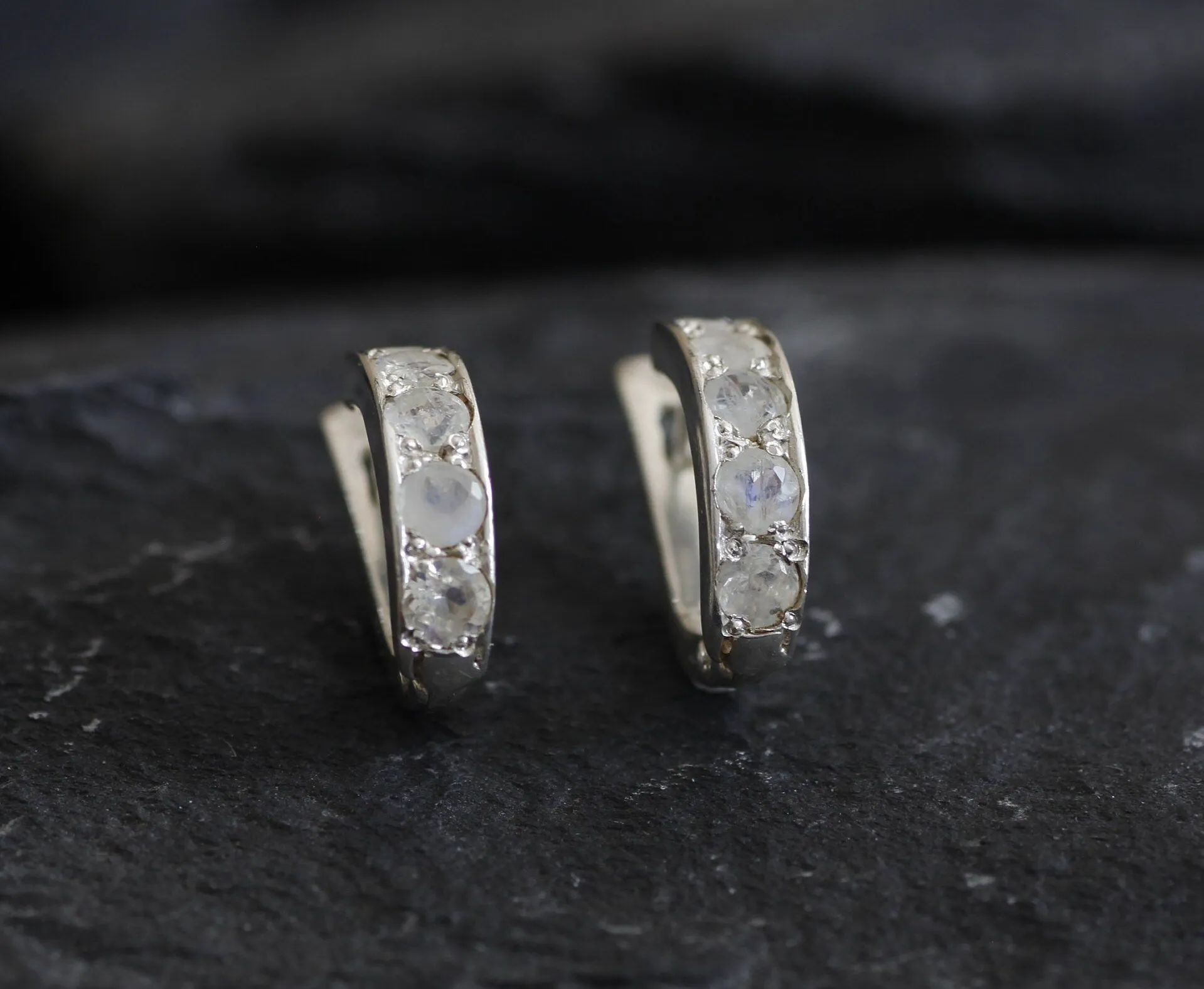 Half Hoop Moonstone Earrings - Natural Rainbow Moonstone, White Huggies