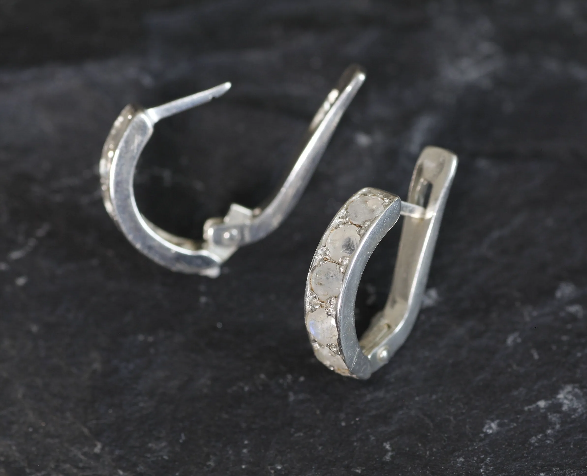 Half Hoop Moonstone Earrings - Natural Rainbow Moonstone, White Huggies