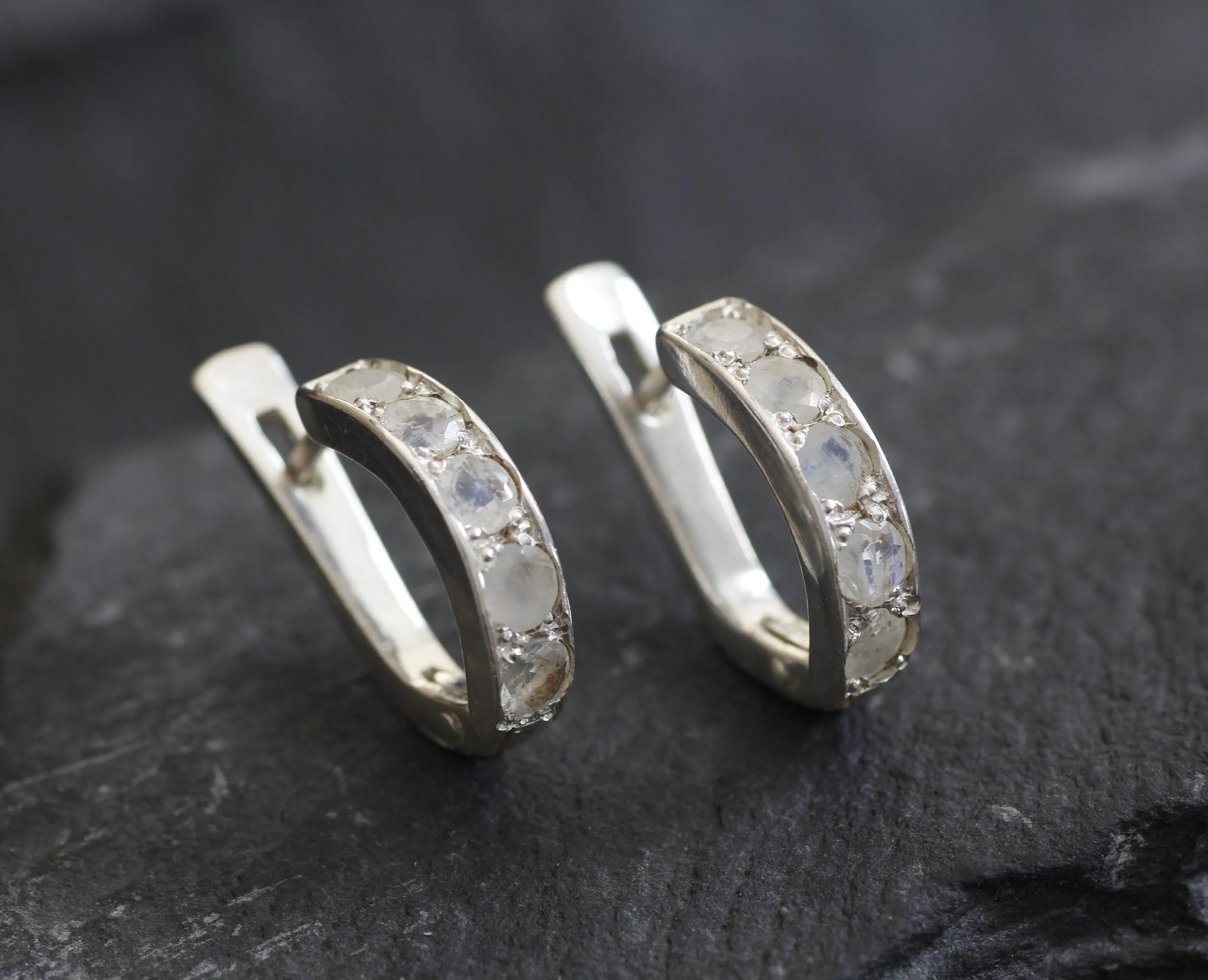 Half Hoop Moonstone Earrings - Natural Rainbow Moonstone, White Huggies