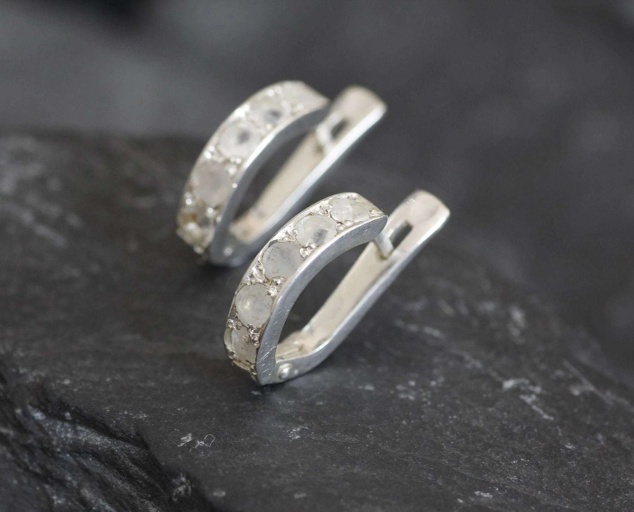 Half Hoop Moonstone Earrings - Natural Rainbow Moonstone, White Huggies