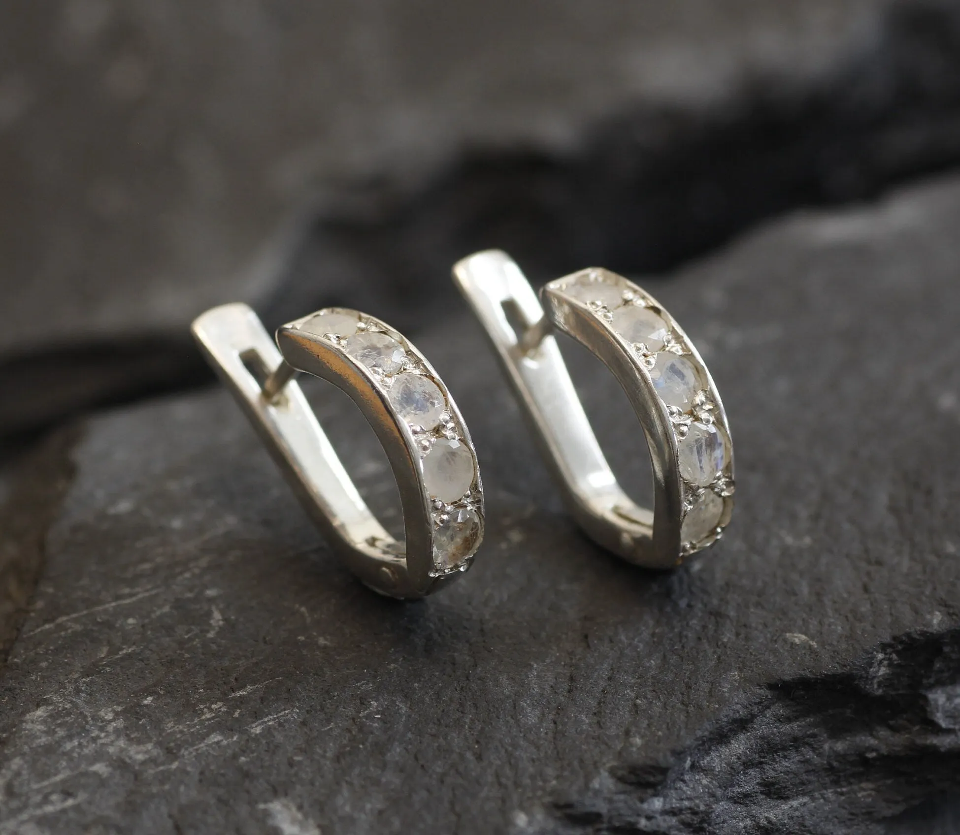 Half Hoop Moonstone Earrings - Natural Rainbow Moonstone, White Huggies