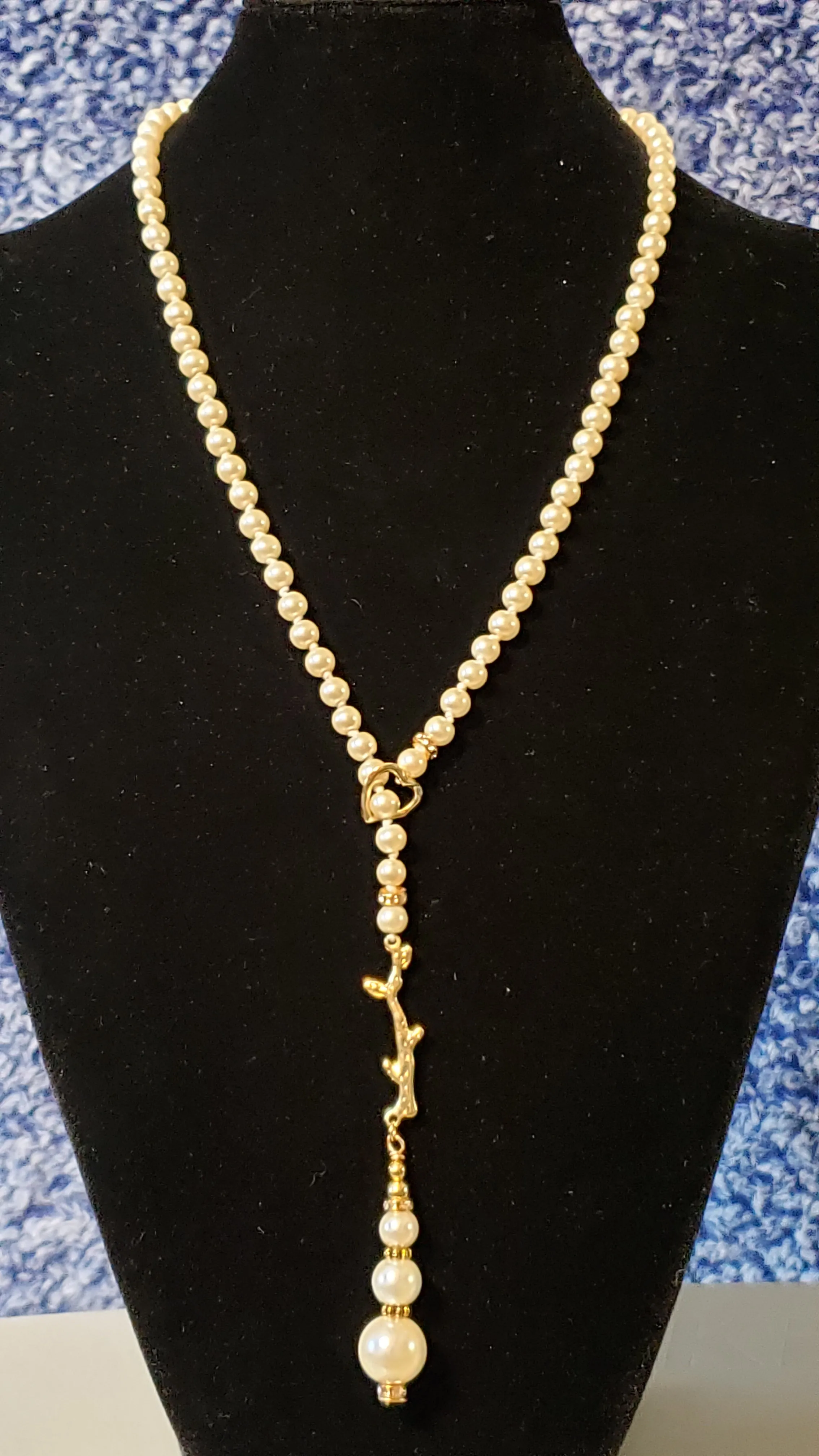 Hand Knotted Pearl 22" Adjustable Toggle style Necklace with Gold Tone Heart, Branch & Austrian Crystal Accents  