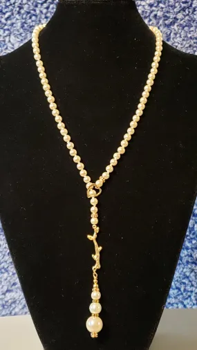 Hand Knotted Pearl 22" Adjustable Toggle style Necklace with Gold Tone Heart, Branch & Austrian Crystal Accents  
