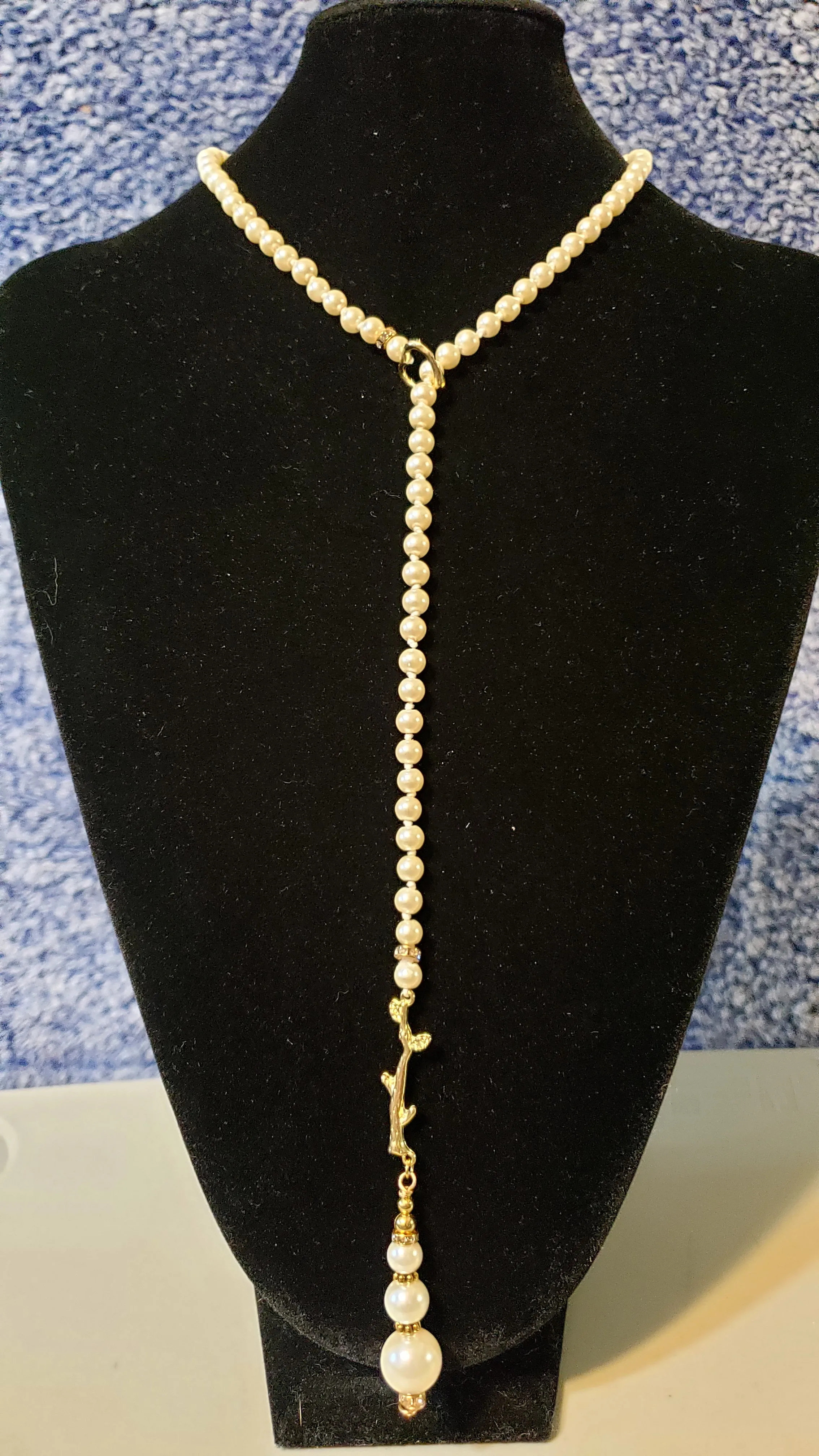 Hand Knotted Pearl 22" Adjustable Toggle style Necklace with Gold Tone Heart, Branch & Austrian Crystal Accents  