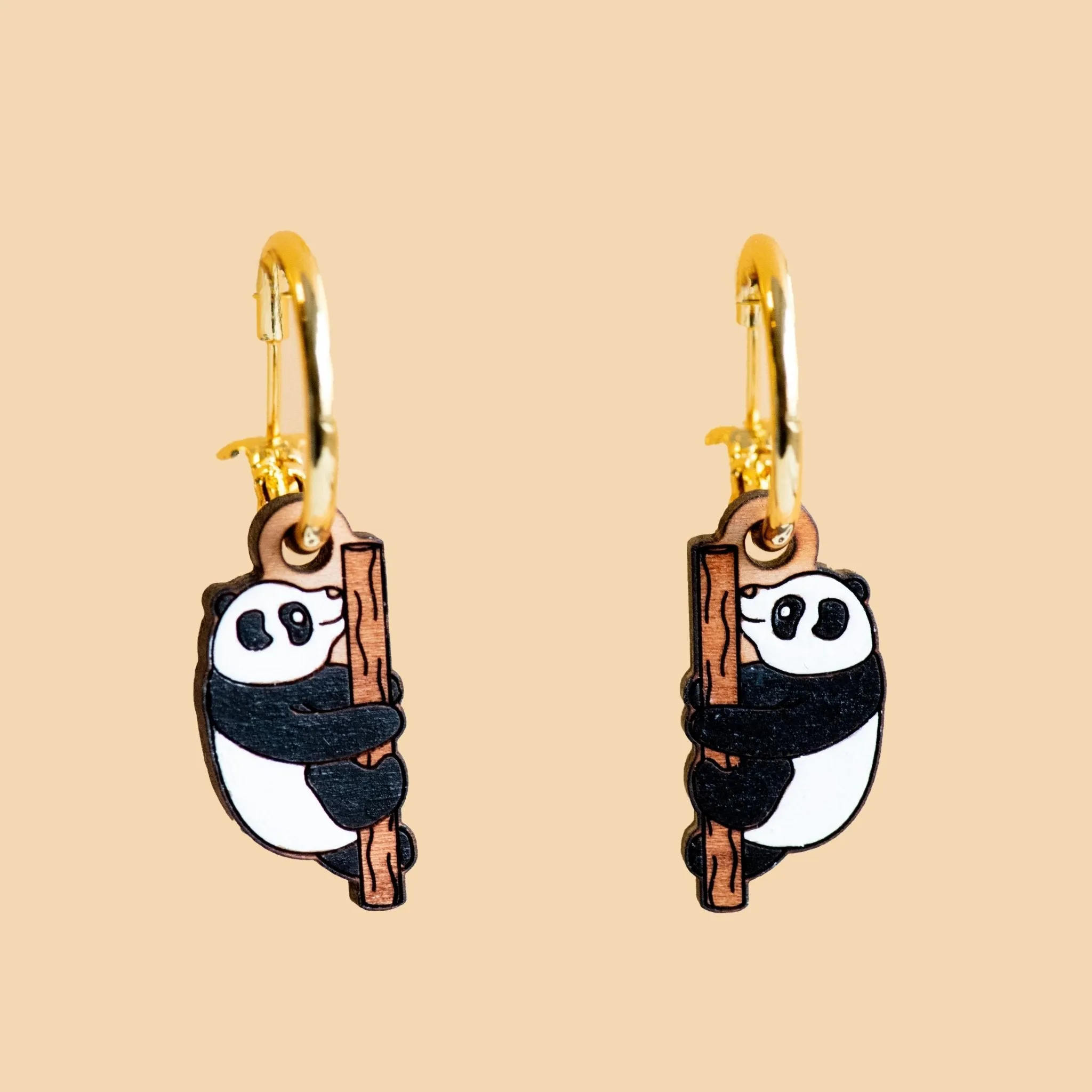 Hand-Painted Cherry Wood Panda Hoop Earrings - PEL10184