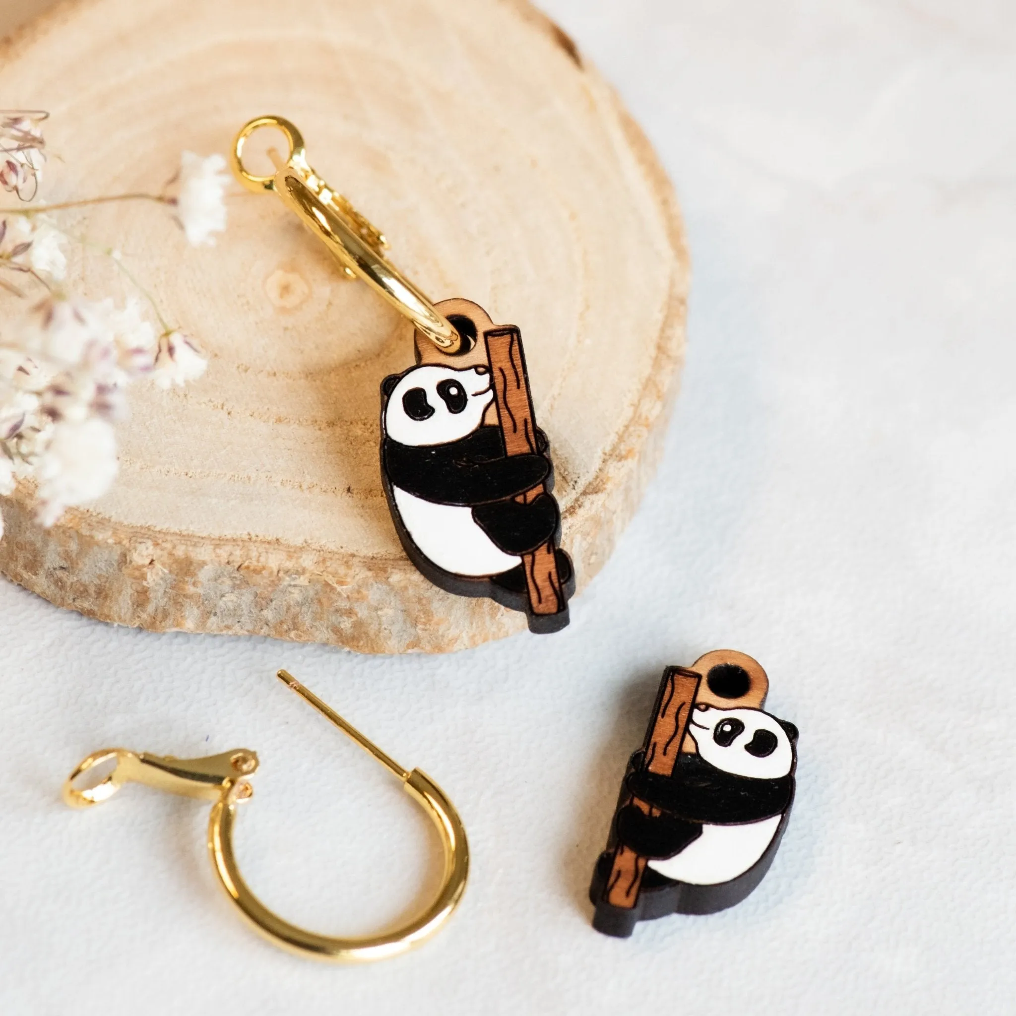 Hand-Painted Cherry Wood Panda Hoop Earrings - PEL10184