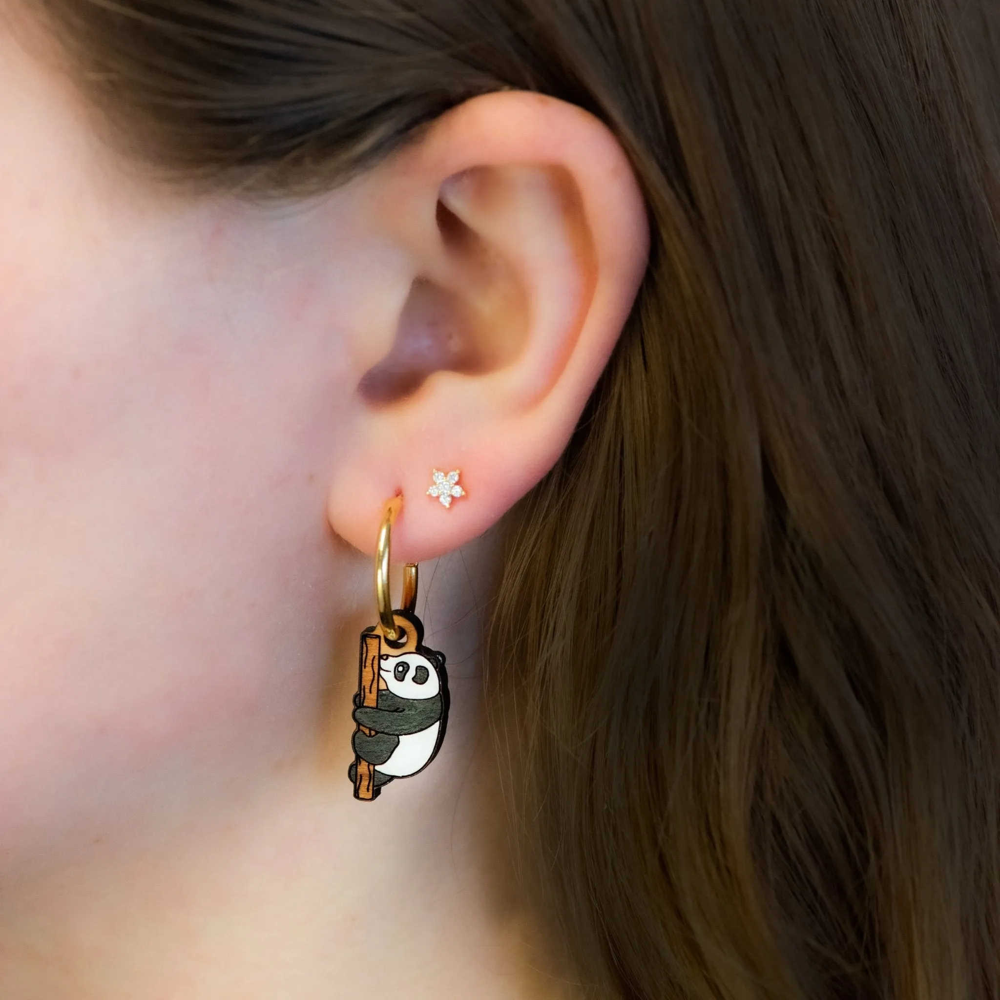 Hand-Painted Cherry Wood Panda Hoop Earrings - PEL10184