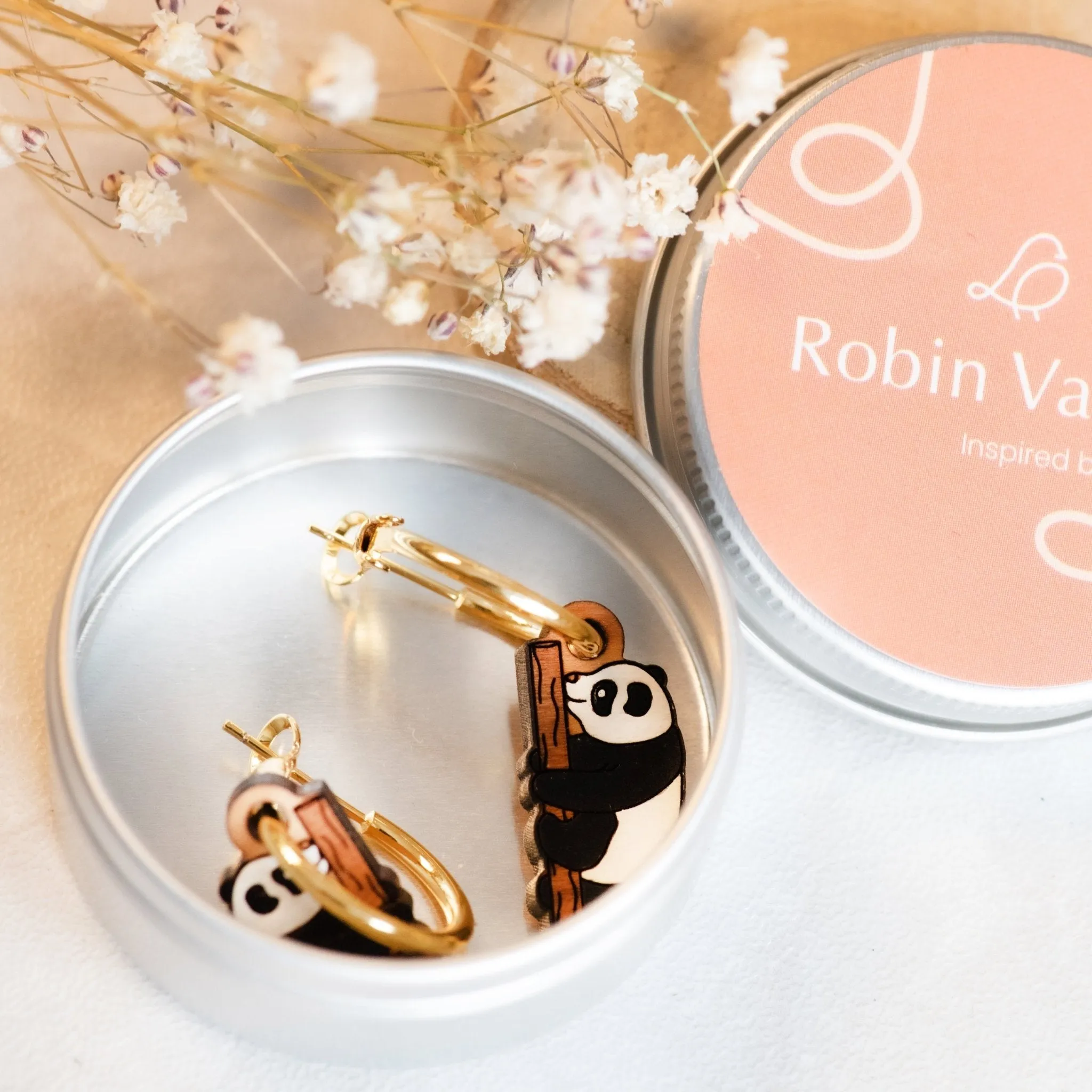 Hand-Painted Cherry Wood Panda Hoop Earrings - PEL10184