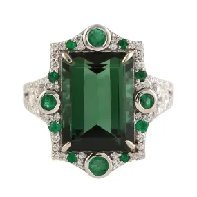Handmade Emerald Cut Tourmaline, Emerald Pave Diamond Cocktail Ring In 18k White Gold