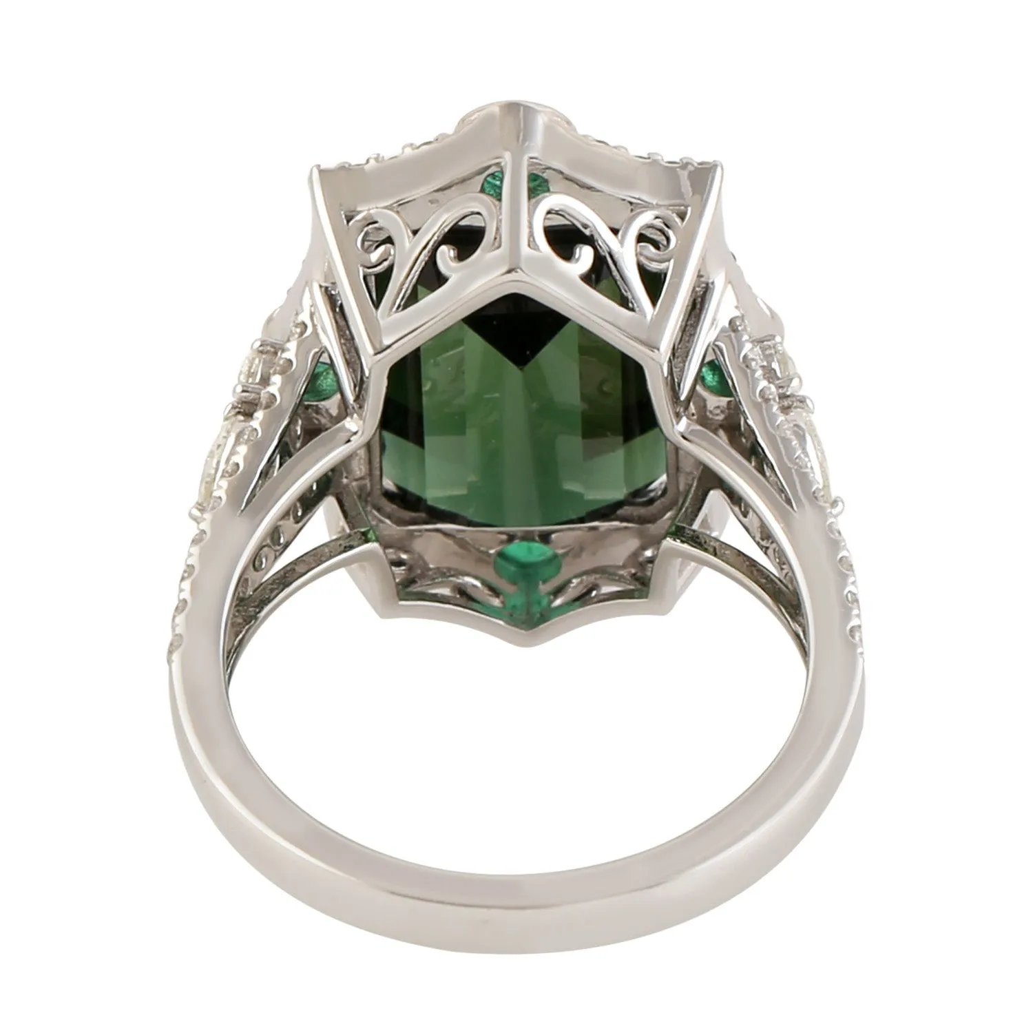 Handmade Emerald Cut Tourmaline, Emerald Pave Diamond Cocktail Ring In 18k White Gold
