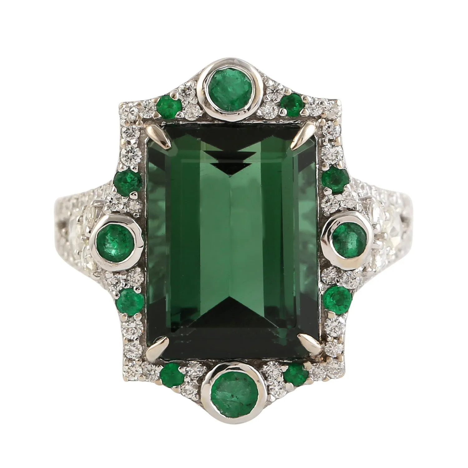 Handmade Emerald Cut Tourmaline, Emerald Pave Diamond Cocktail Ring In 18k White Gold