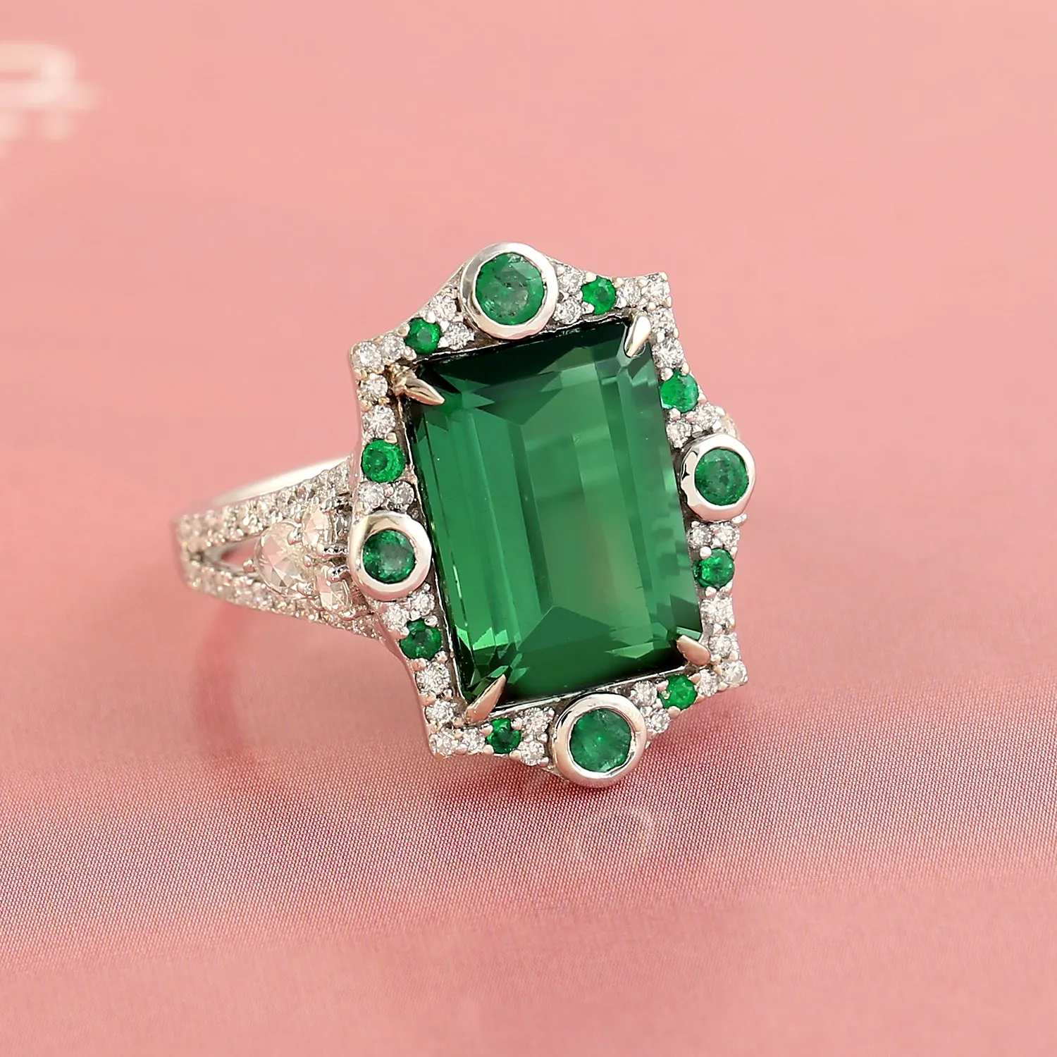 Handmade Emerald Cut Tourmaline, Emerald Pave Diamond Cocktail Ring In 18k White Gold