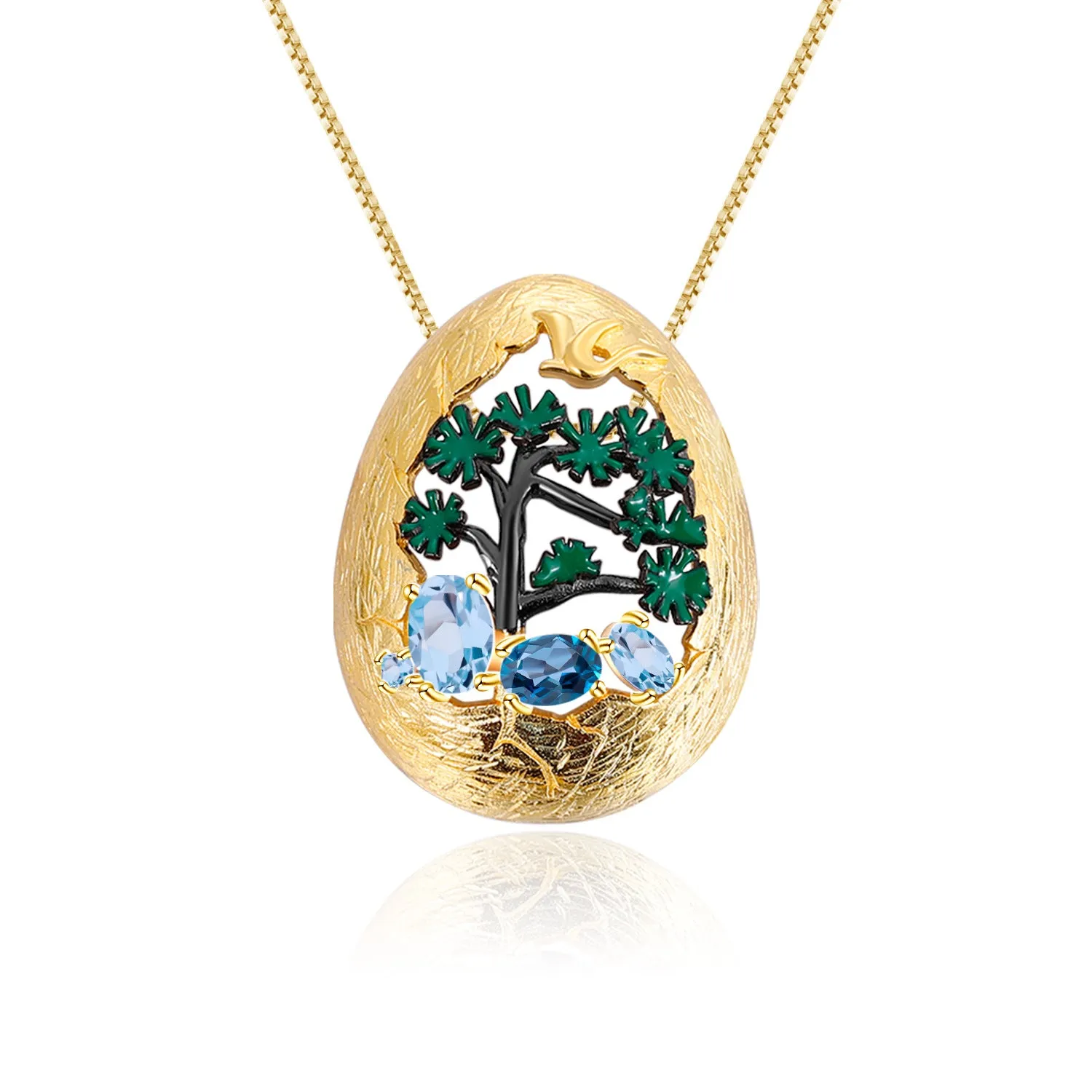 High-level Personality Natural Design Colorful Gemstone Egg Shape with Tree Pendant Silver Necklace for Women