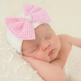 ilybean Seersucker CHECK Pink and White Bow Newborn Girl Hospital Hat Newborn Girl Hat