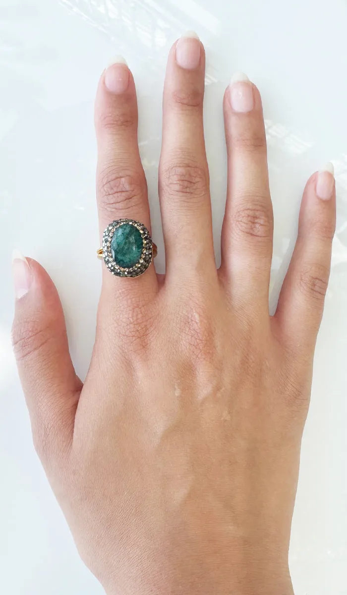 Jeweled Raw Jade and Antique Crystal Oval Cocktail Ring