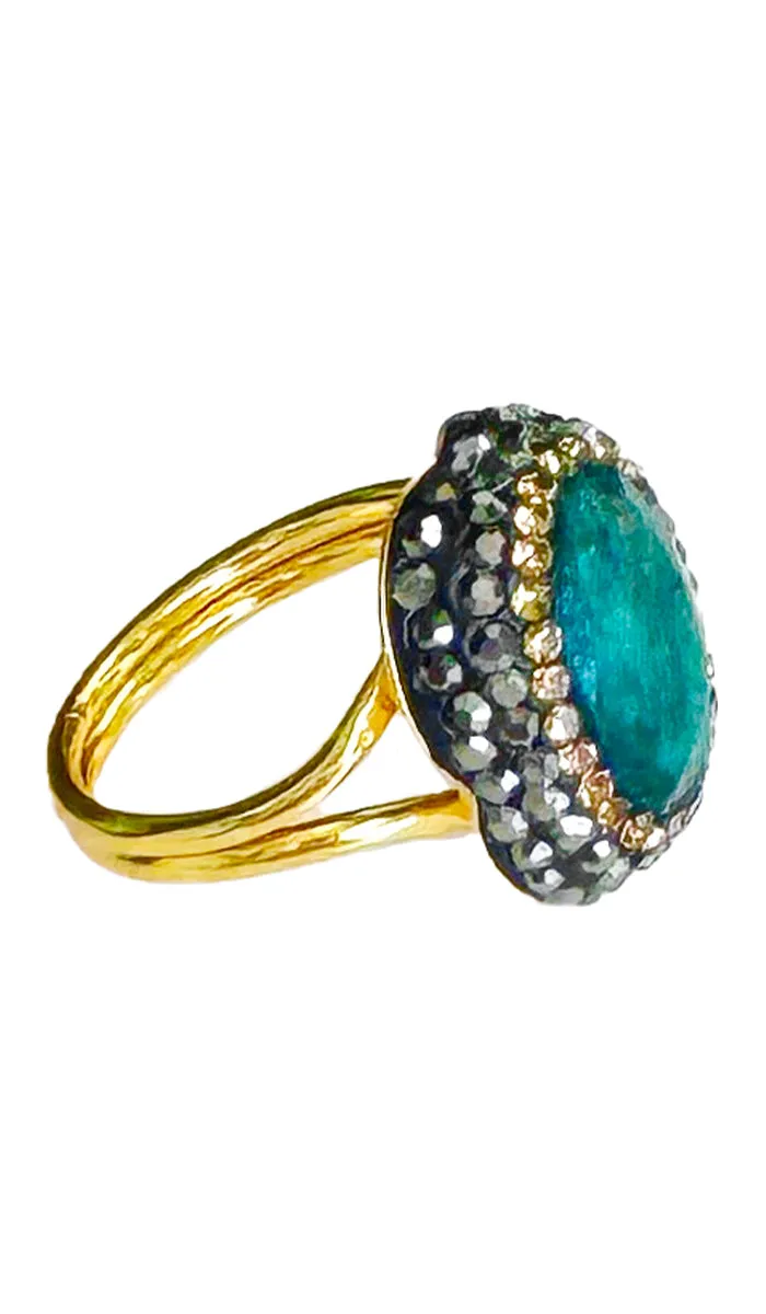 Jeweled Raw Jade and Antique Crystal Oval Cocktail Ring
