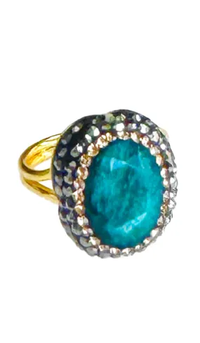 Jeweled Raw Jade and Antique Crystal Oval Cocktail Ring
