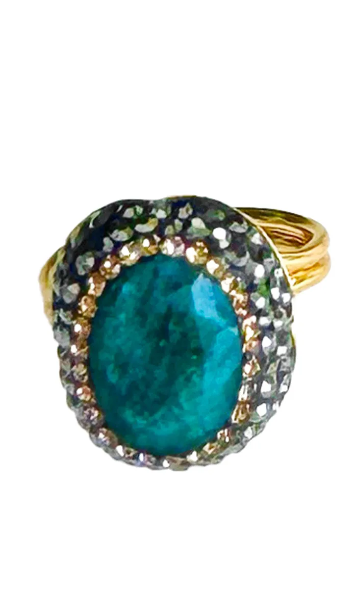 Jeweled Raw Jade and Antique Crystal Oval Cocktail Ring