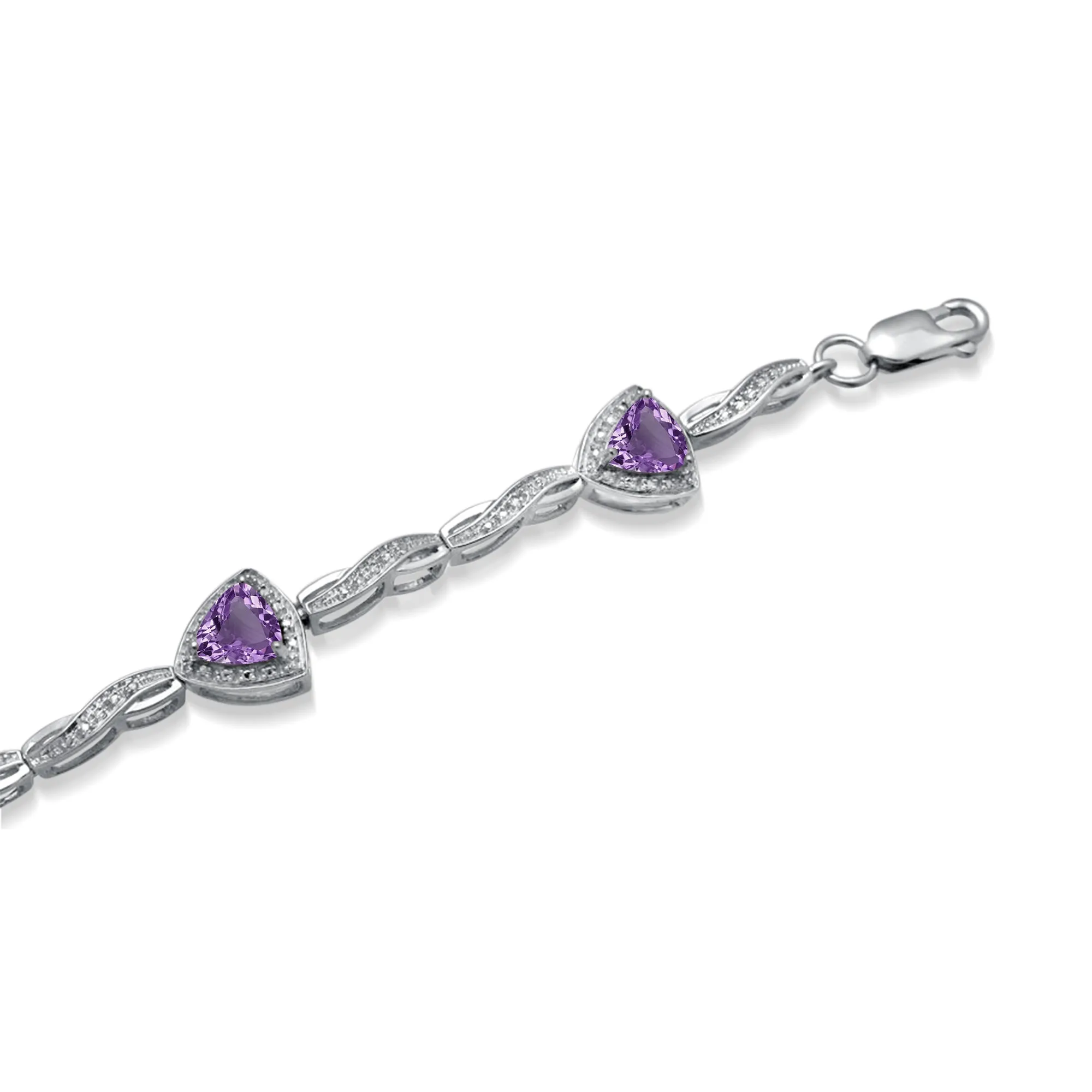 Jewelili Sterling Silver 6 MM Trillion Amethyst and Natural White Round Diamonds Link Bracelet