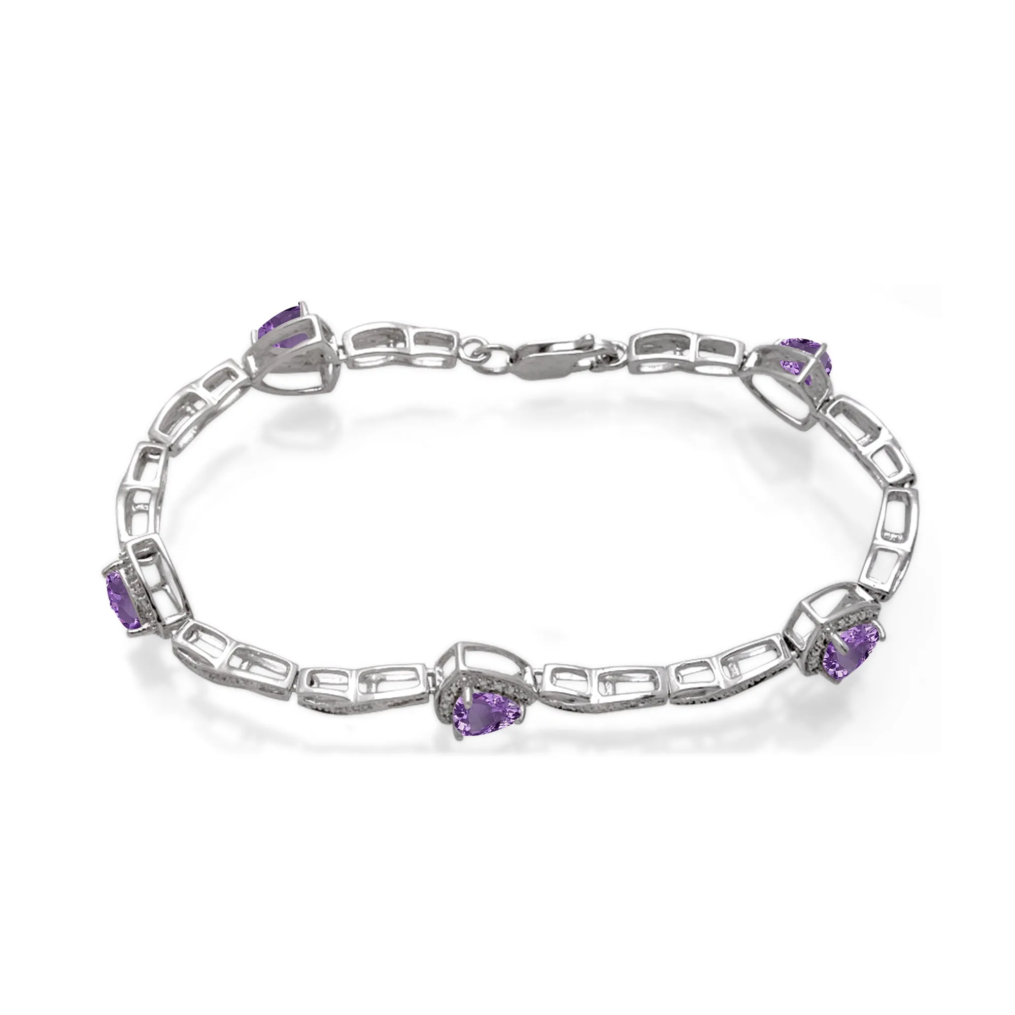 Jewelili Sterling Silver 6 MM Trillion Amethyst and Natural White Round Diamonds Link Bracelet