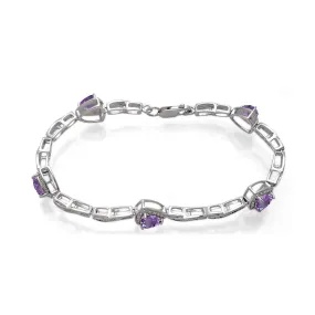 Jewelili Sterling Silver 6 MM Trillion Amethyst and Natural White Round Diamonds Link Bracelet