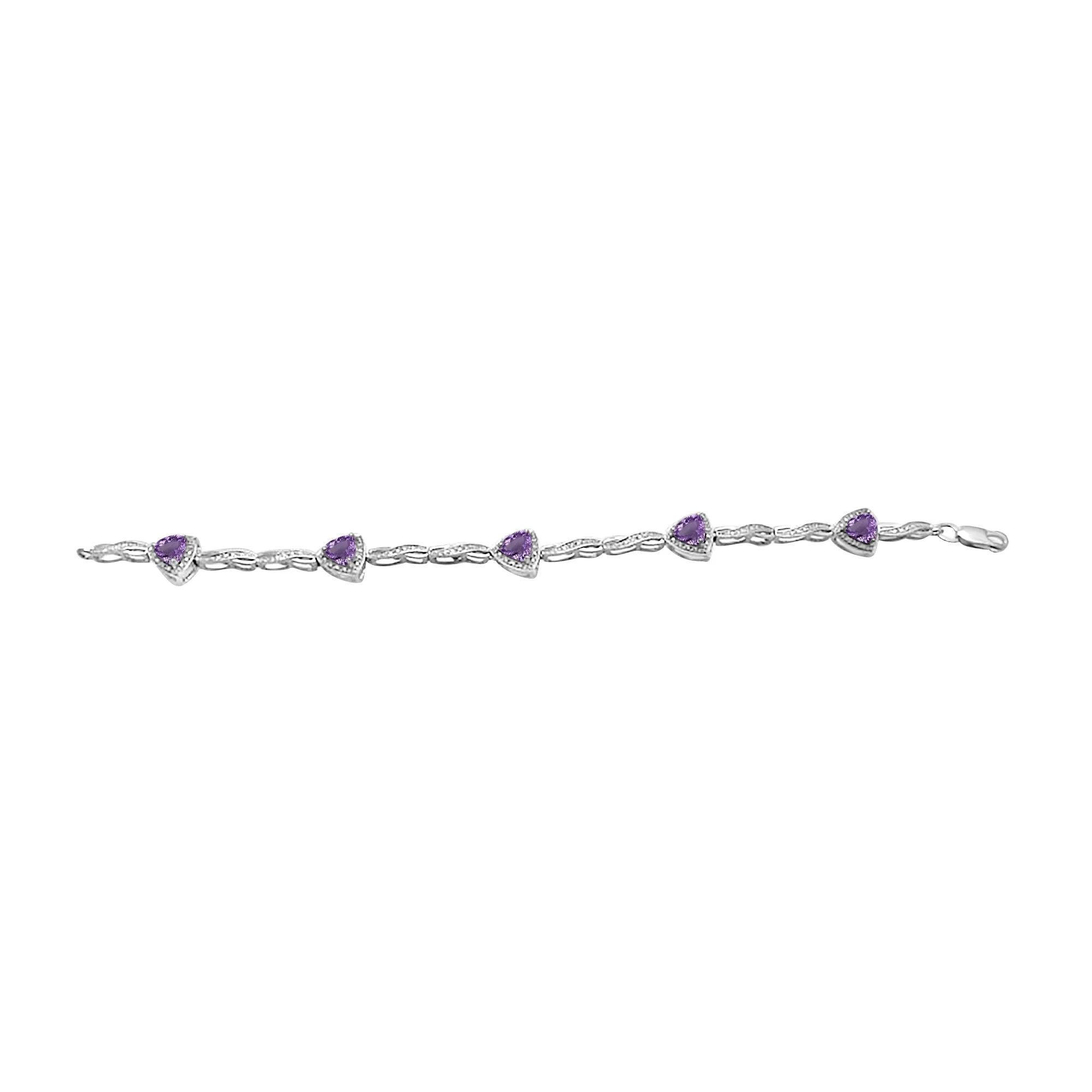 Jewelili Sterling Silver 6 MM Trillion Amethyst and Natural White Round Diamonds Link Bracelet