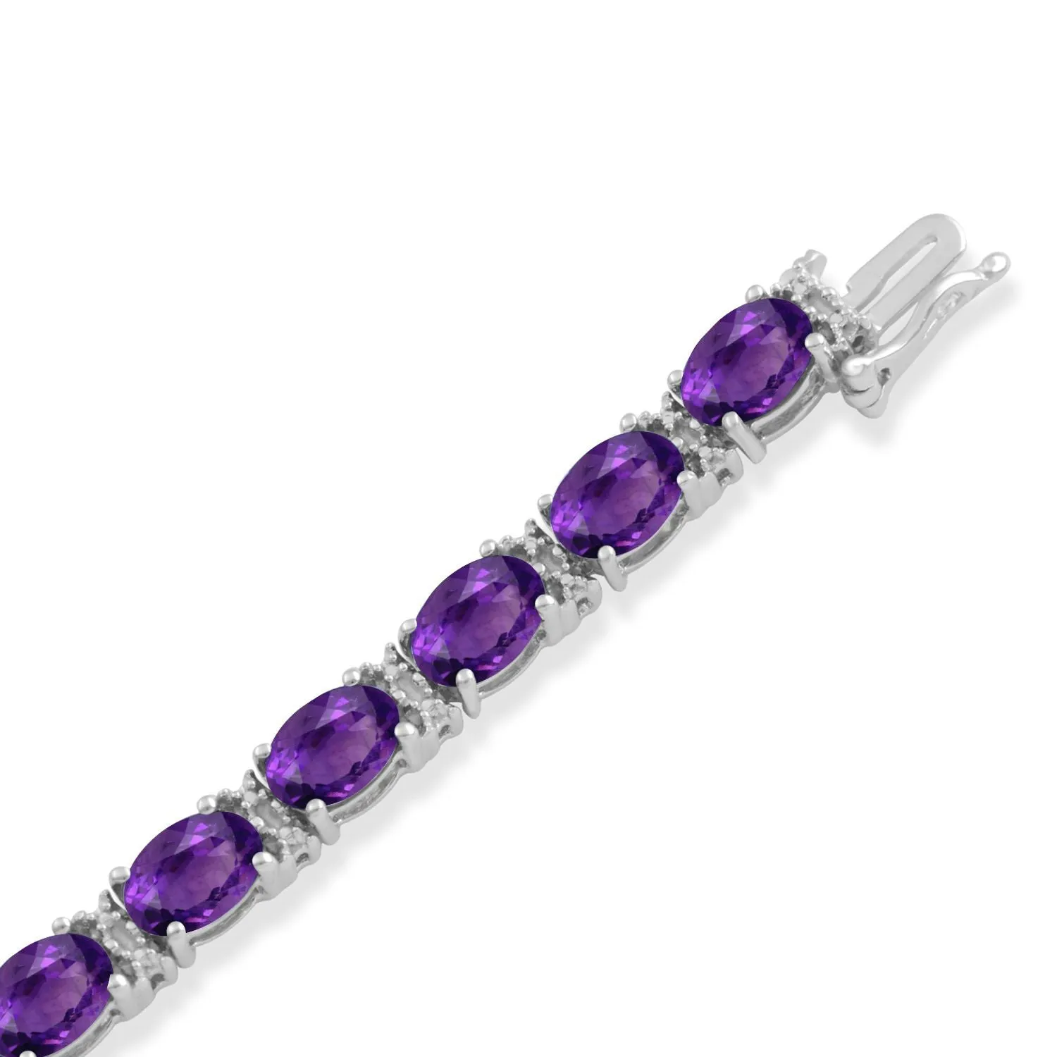 Jewelili Sterling Silver Amethyst with Genuine White Diamonds Bracelet, 7.25"