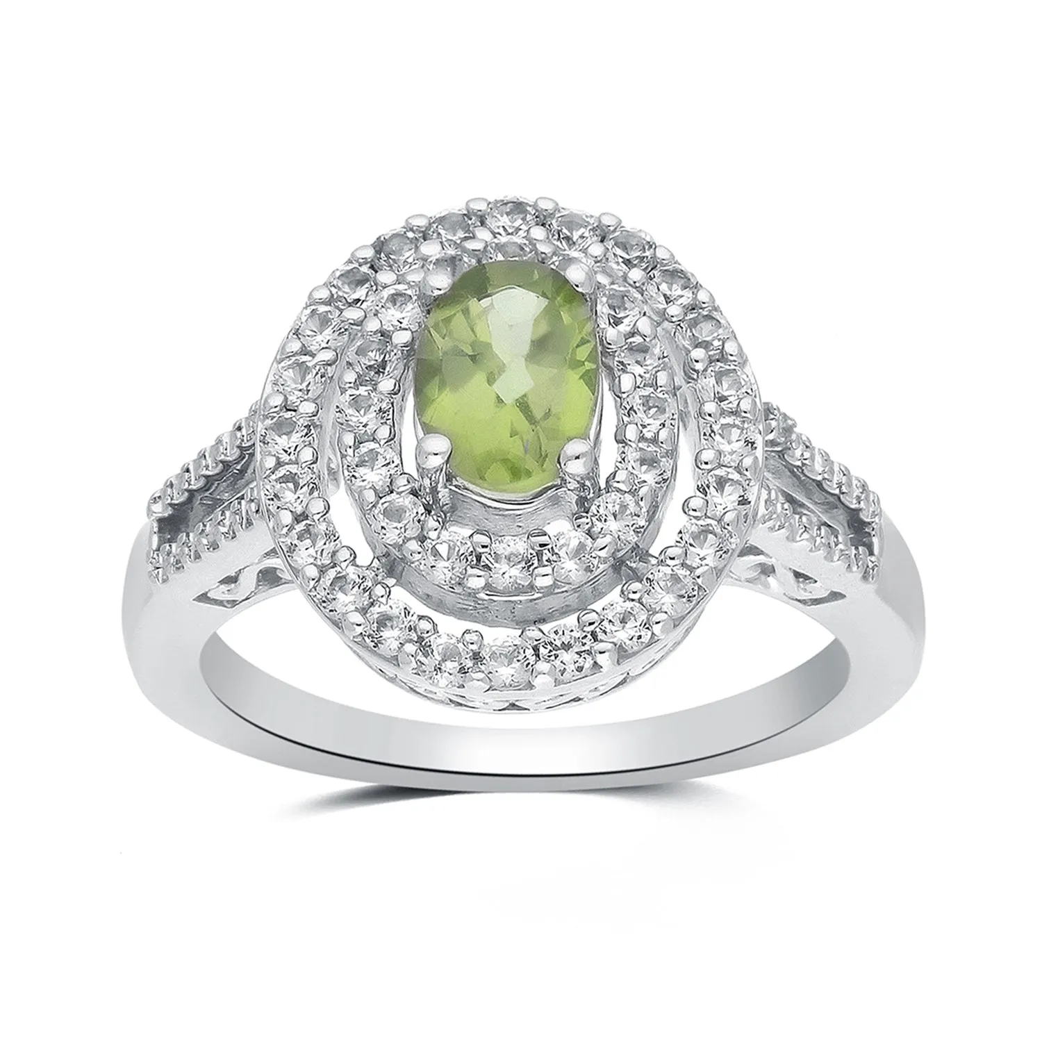Jewelili Sterling Silver with 7x5 MM and 5X3 MM Oval Shape Peridot, Round Created White Sapphire and Natural White Round Diamonds Ring, Pendant and Earrings Set