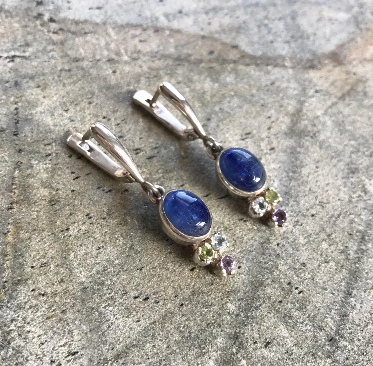 Kyanite Earrings - Blue Vintage Earrings - Multistone Dangling Earrings