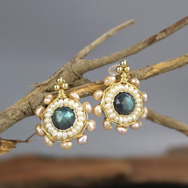 Labradorite Pearl Gold Filled Stud Earrings