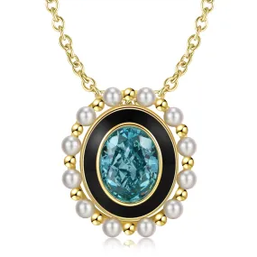 Lake Blue Oval Zircon with Pearl Halo Sterling Silver Necklace