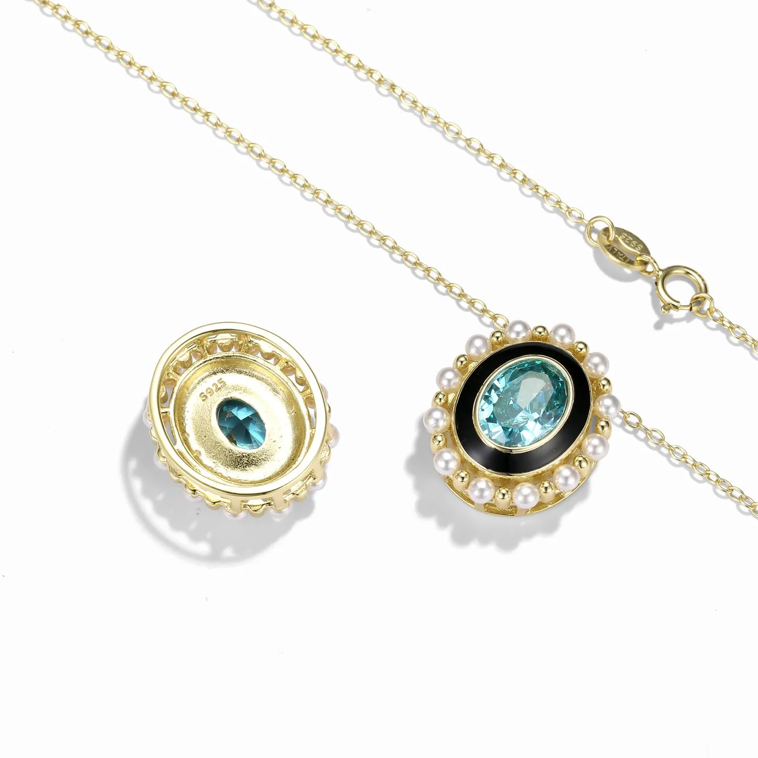 Lake Blue Oval Zircon with Pearl Halo Sterling Silver Necklace
