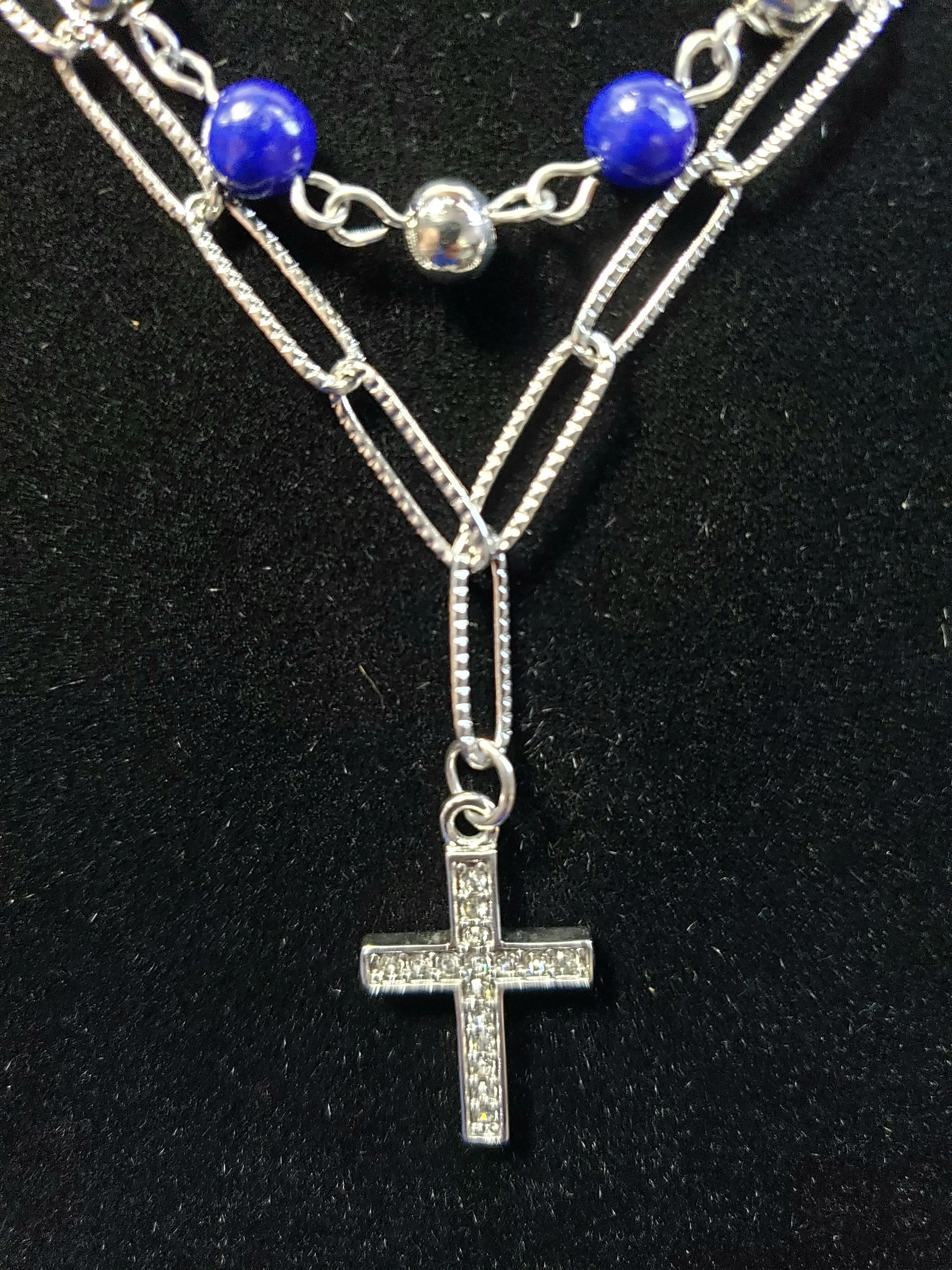 Lapis Lazuli & Stainless Steel Bracelet, 25 ctw,  7.5" with Austrian Crystal Cross Carm & Lobster Claw Clasp