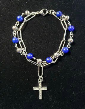 Lapis Lazuli & Stainless Steel Bracelet, 25 ctw,  7.5" with Austrian Crystal Cross Carm & Lobster Claw Clasp
