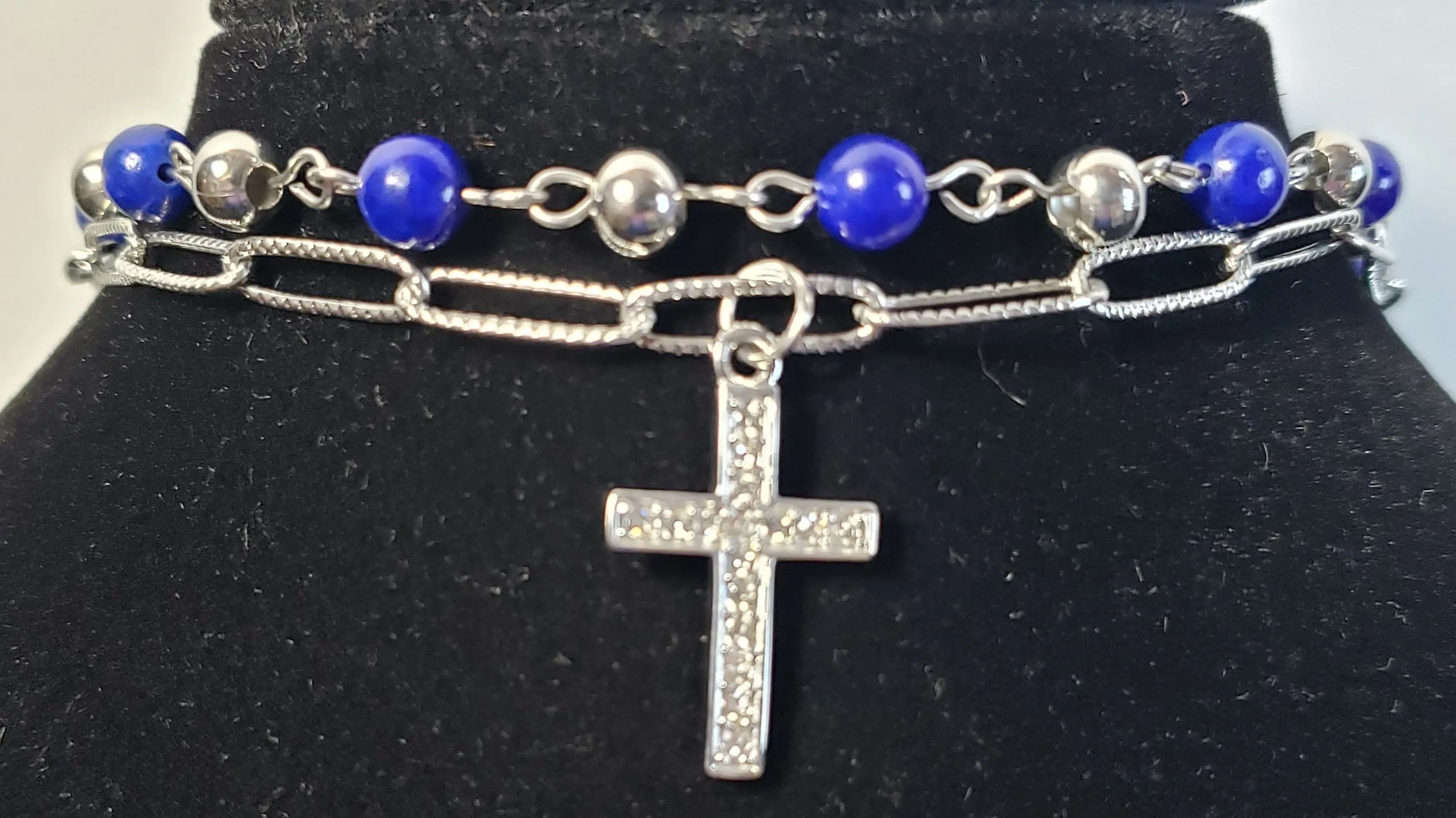 Lapis Lazuli & Stainless Steel Bracelet, 25 ctw,  7.5" with Austrian Crystal Cross Carm & Lobster Claw Clasp