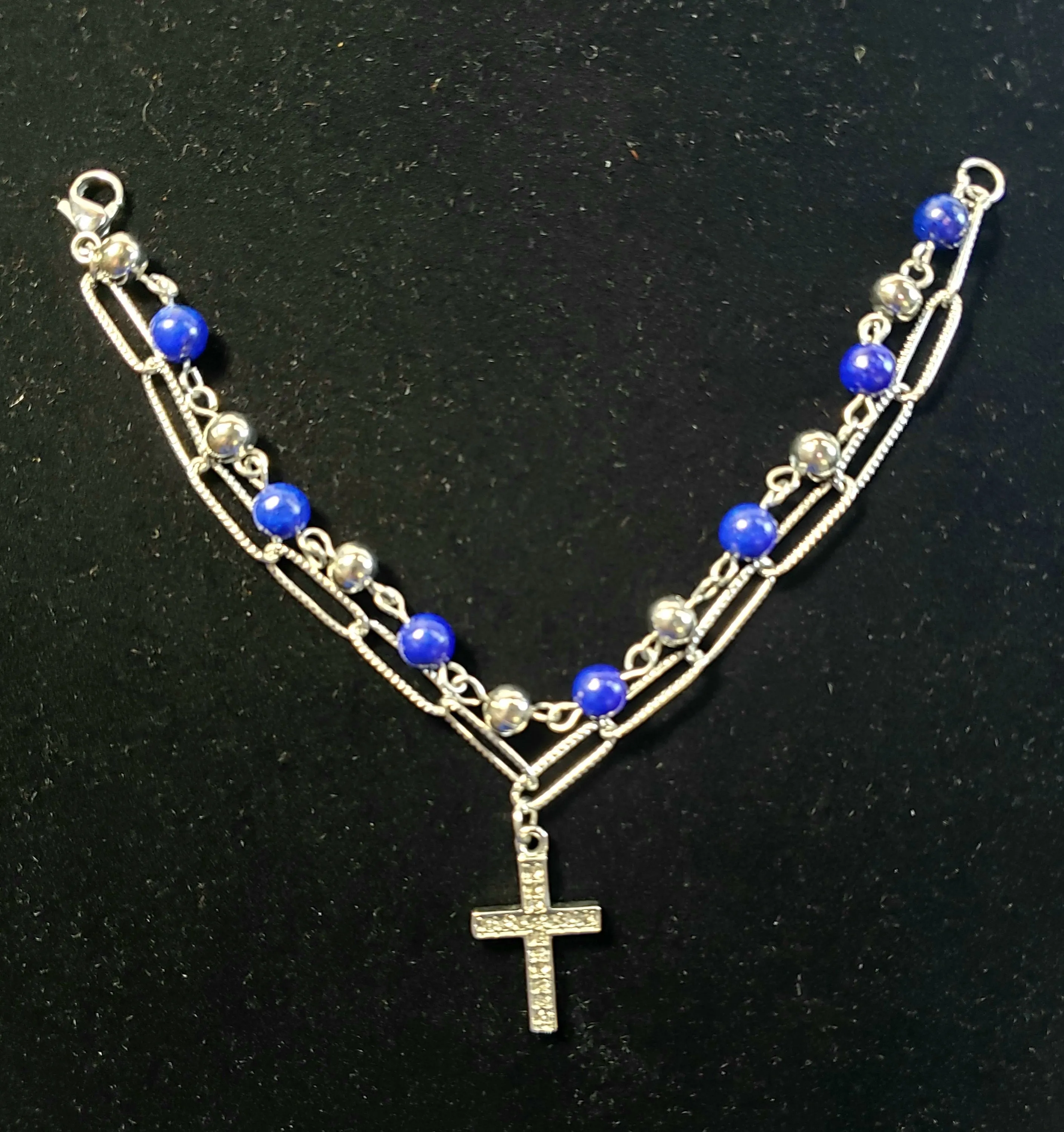 Lapis Lazuli & Stainless Steel Bracelet, 25 ctw,  7.5" with Austrian Crystal Cross Carm & Lobster Claw Clasp