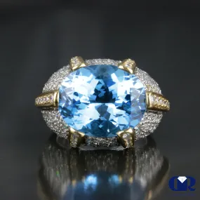 Large Blue Topaz & Diamond Cocktail Ring & Right Hand Ring In 18K Gold