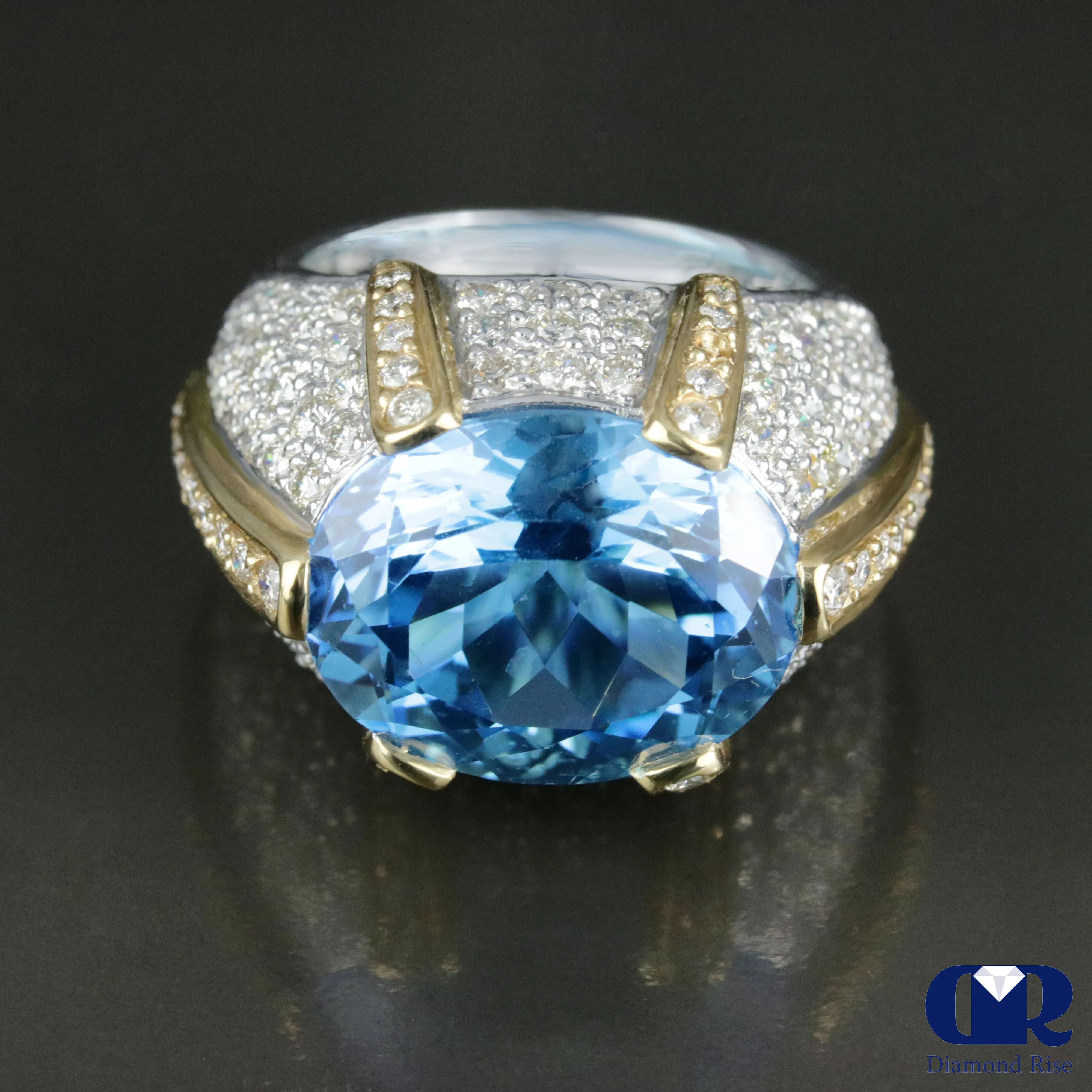 Large Blue Topaz & Diamond Cocktail Ring & Right Hand Ring In 18K Gold