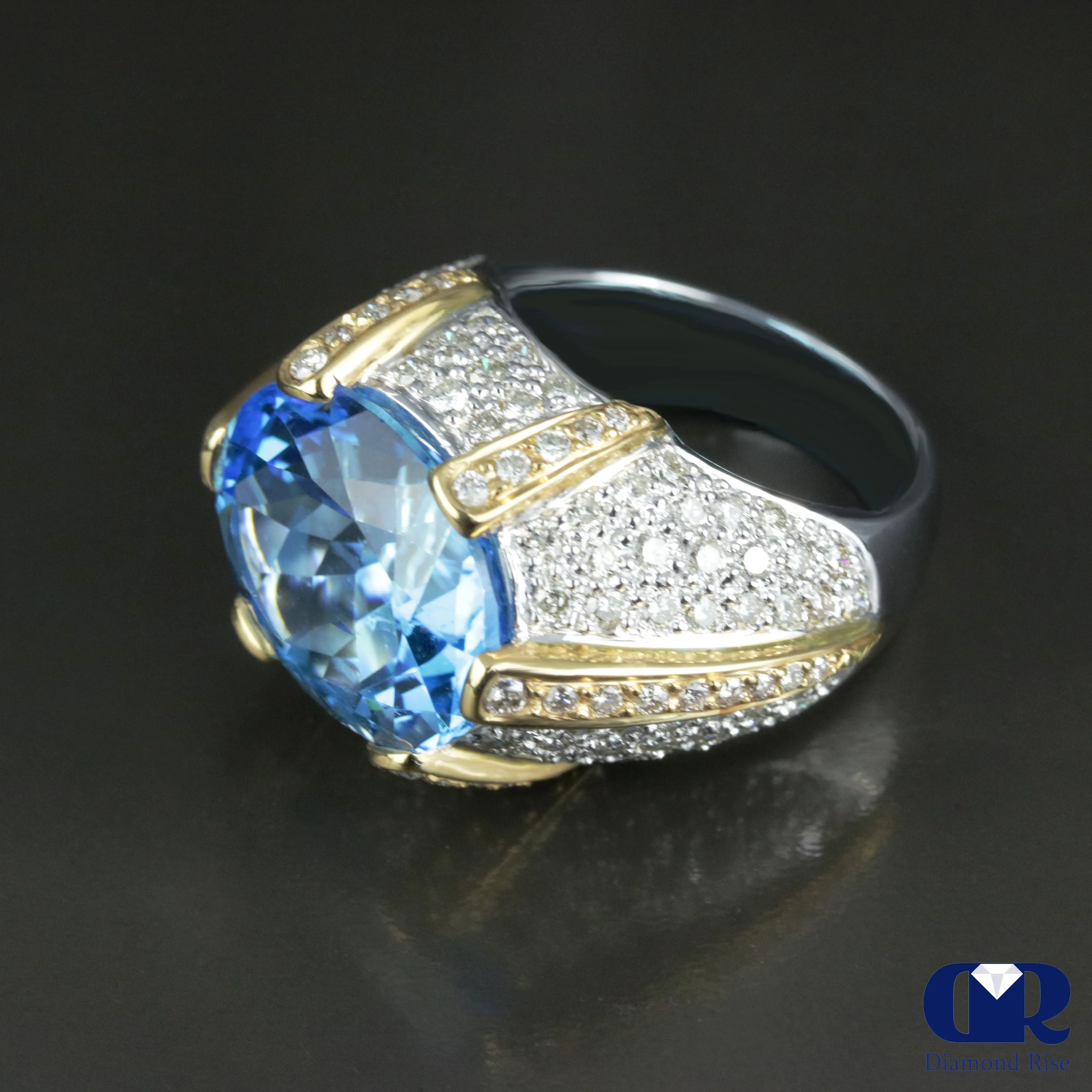 Large Blue Topaz & Diamond Cocktail Ring & Right Hand Ring In 18K Gold