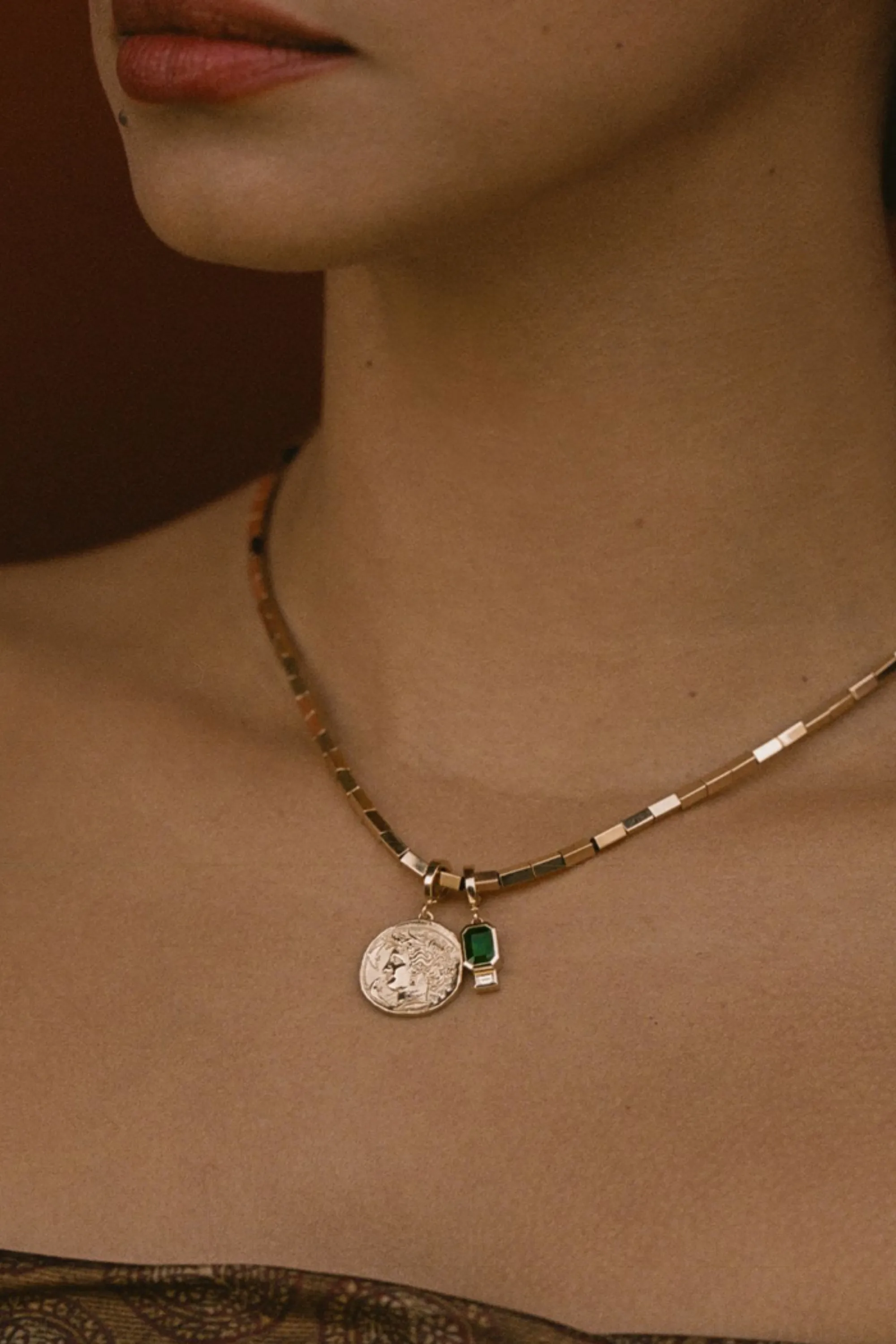 Large Emerald And Baguette Diamond Charm, Yellow Gold