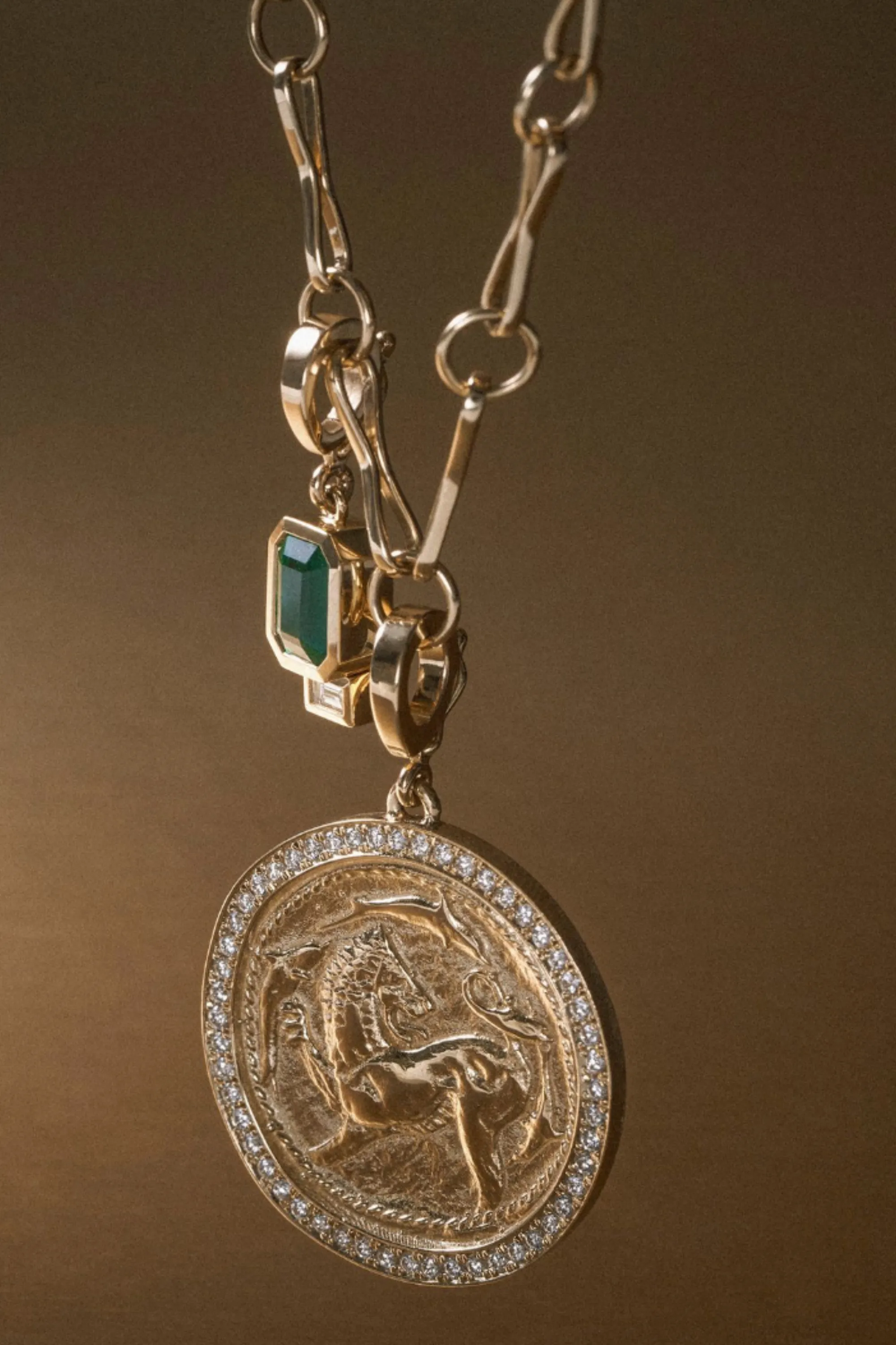 Large Emerald And Baguette Diamond Charm, Yellow Gold