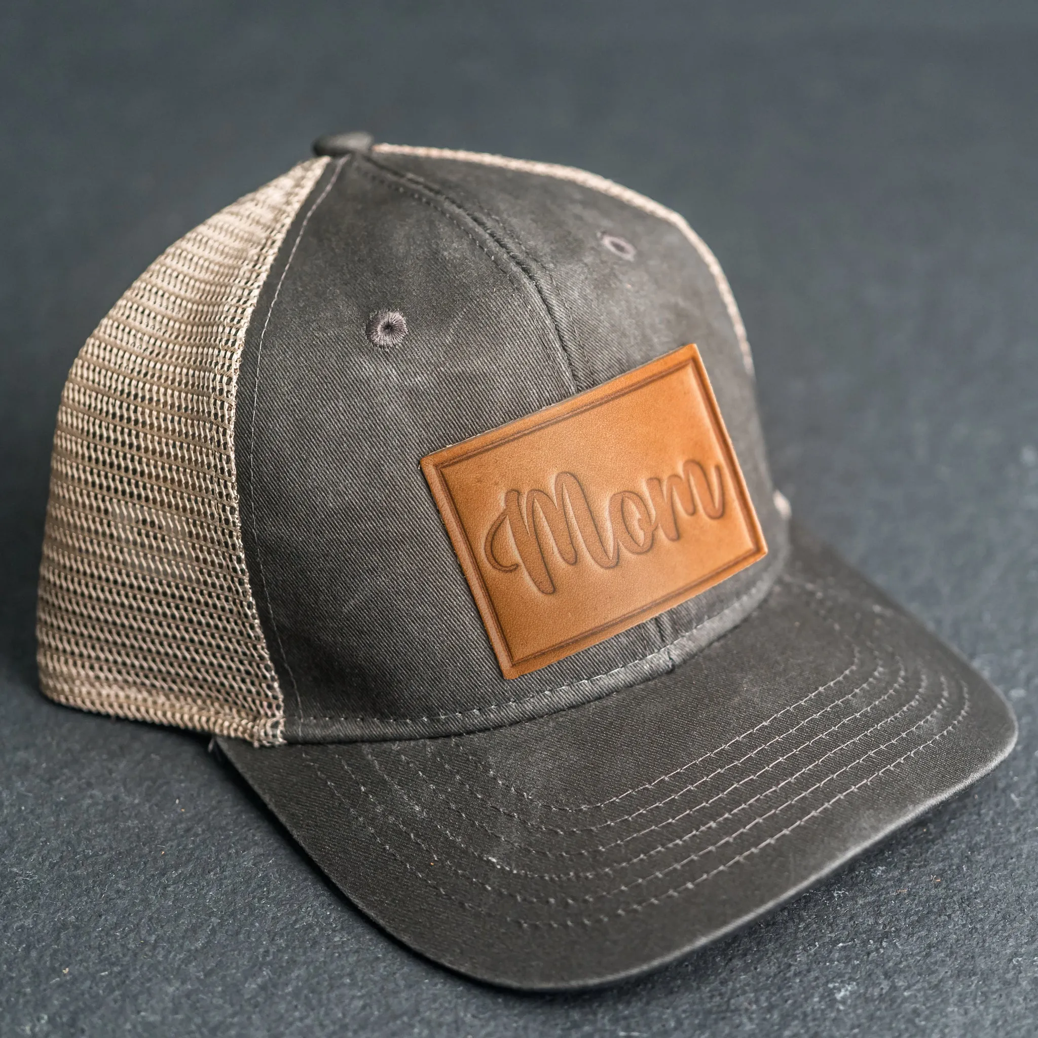 Leather Patch Ponytail Style Hat - Mom Cursive Stamp