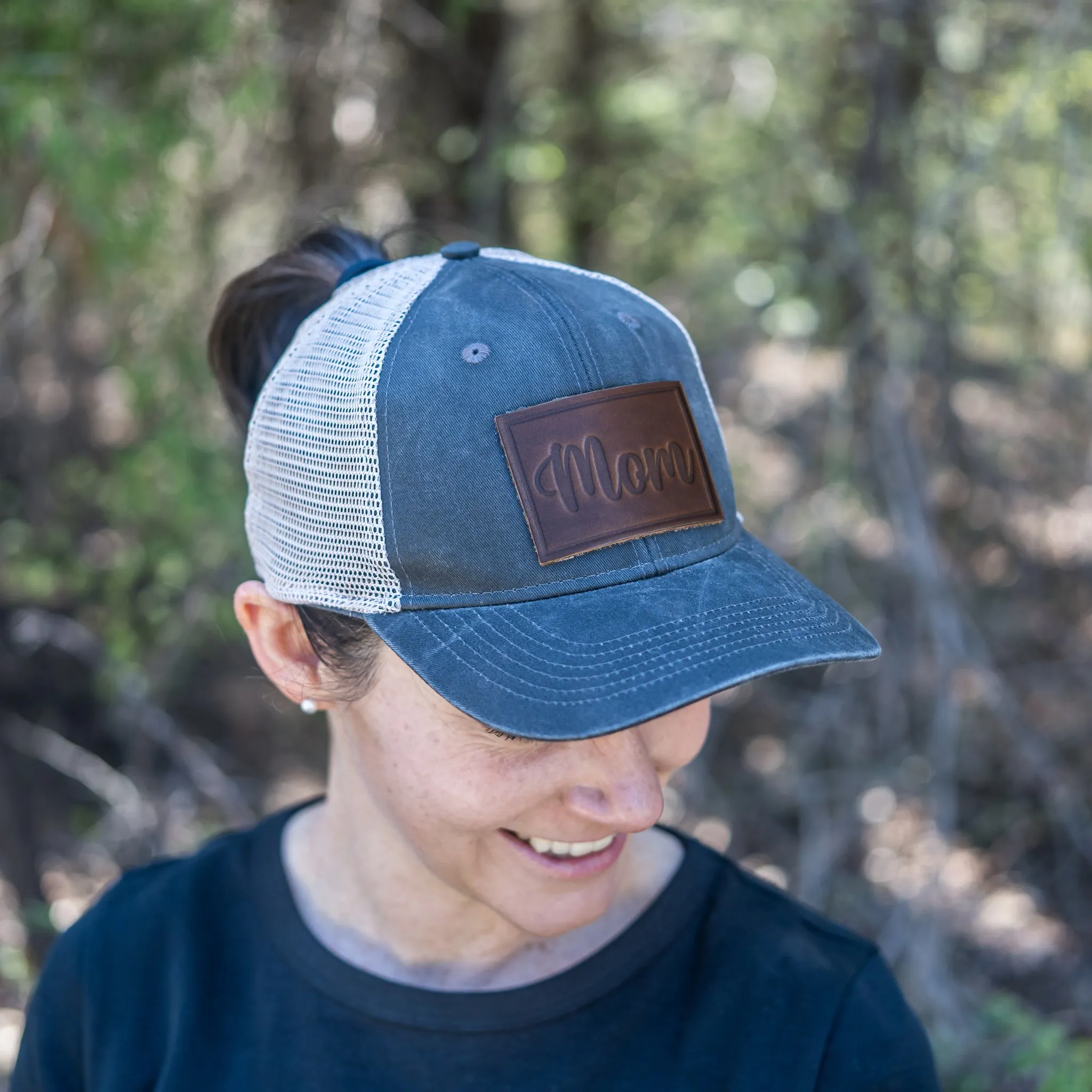 Leather Patch Ponytail Style Hat - Mom Cursive Stamp