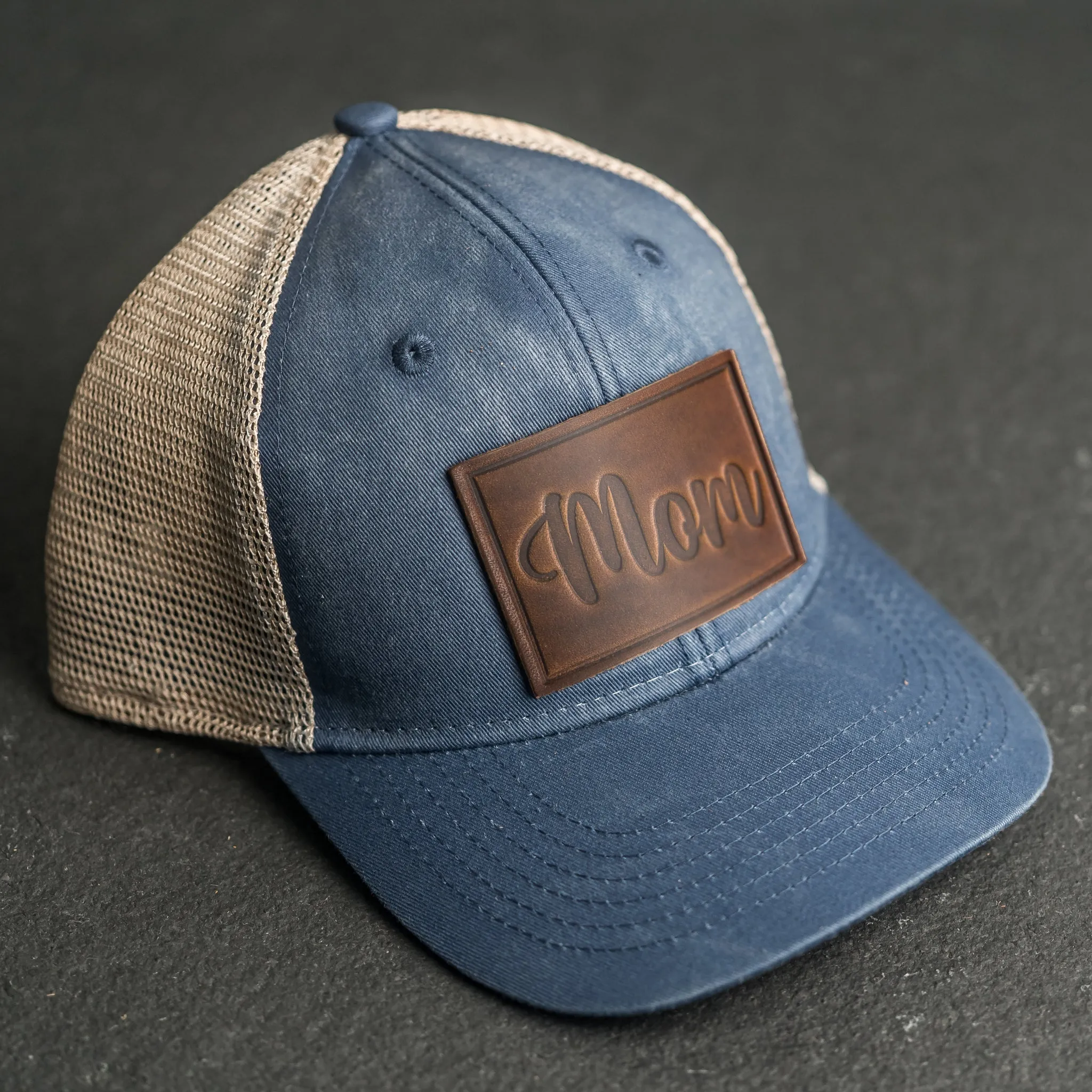 Leather Patch Ponytail Style Hat - Mom Cursive Stamp