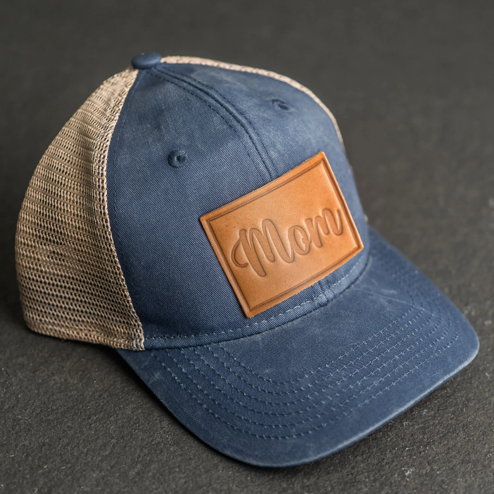 Leather Patch Ponytail Style Hat - Mom Cursive Stamp