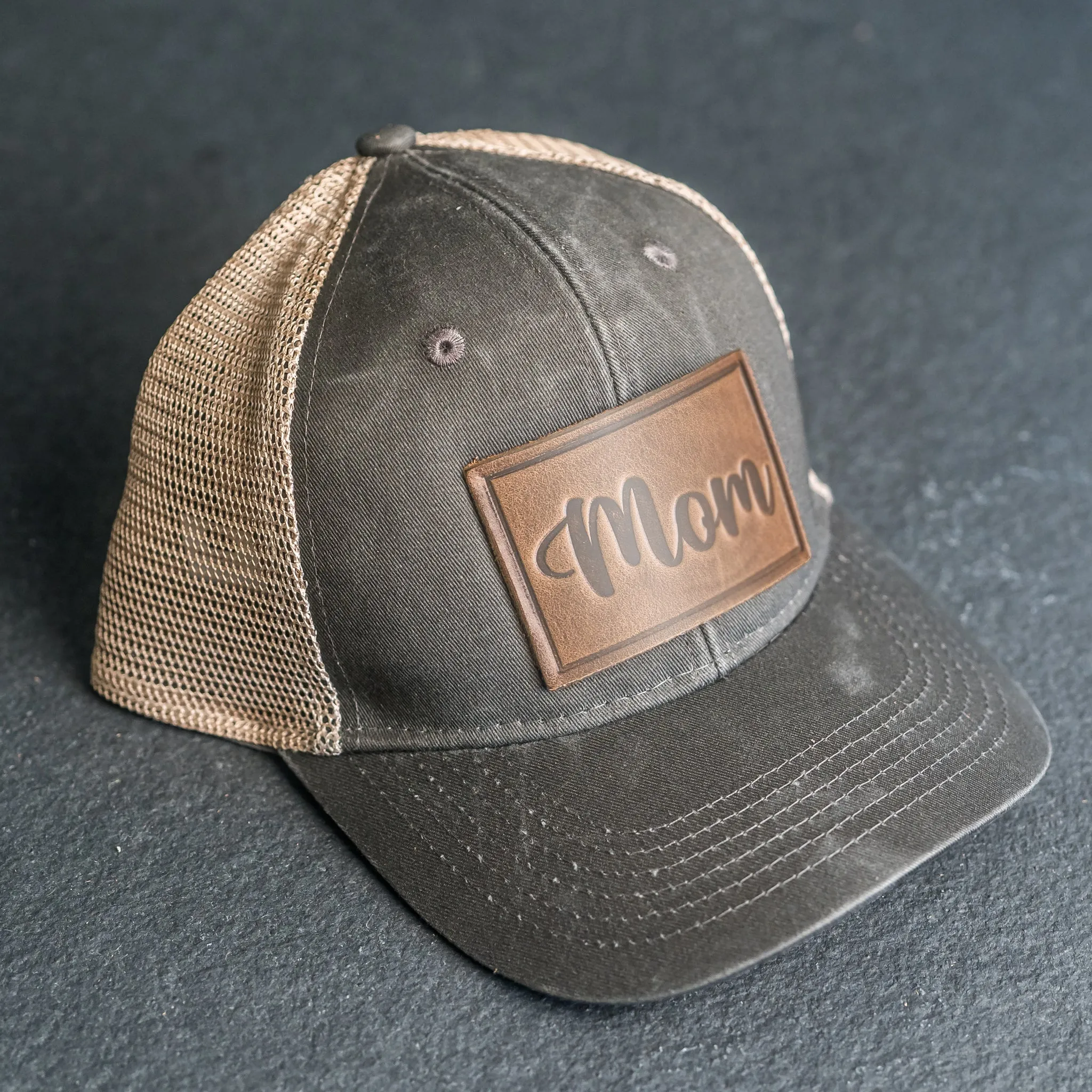 Leather Patch Ponytail Style Hat - Mom Cursive Stamp