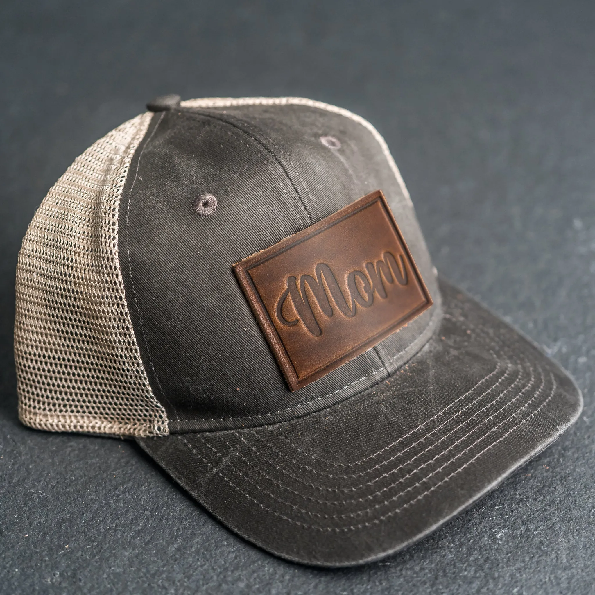 Leather Patch Ponytail Style Hat - Mom Cursive Stamp